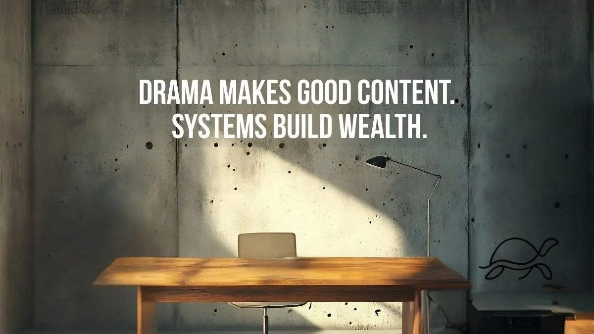 Quote-style financial graphic stating “Drama makes good content. Systems build wealth.” highlighting disciplined investing.