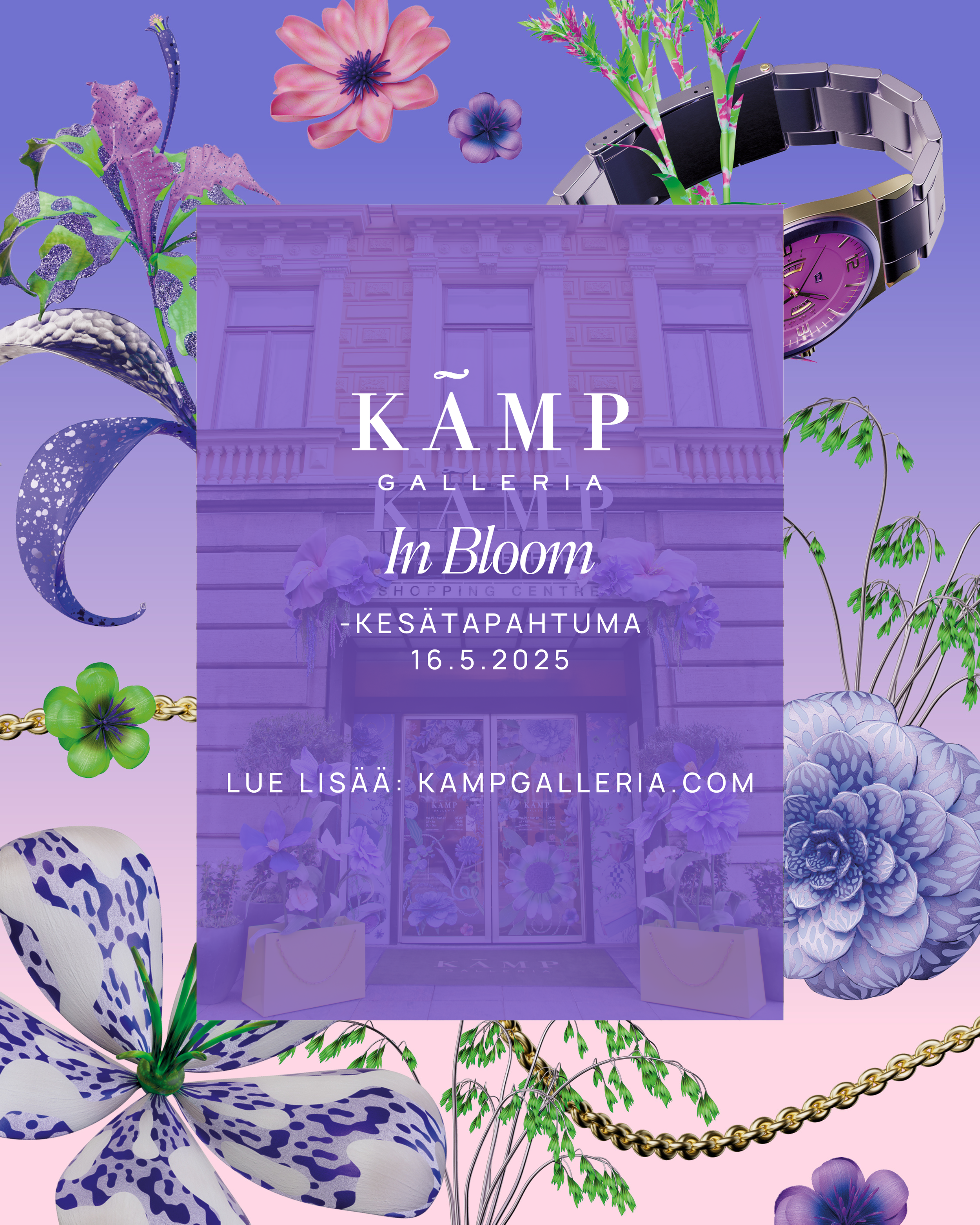 kämp galleria in bloom wirtten on a pink background with flowers