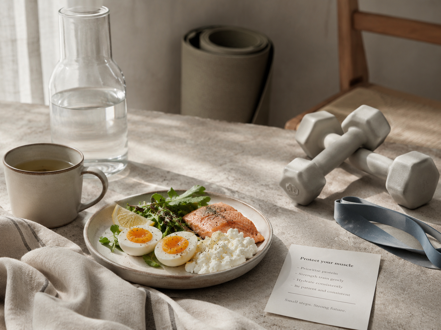 High-protein plate of salmon, soft-boiled eggs and cottage cheese next to light dumbbells and a "protect your muscle" note.