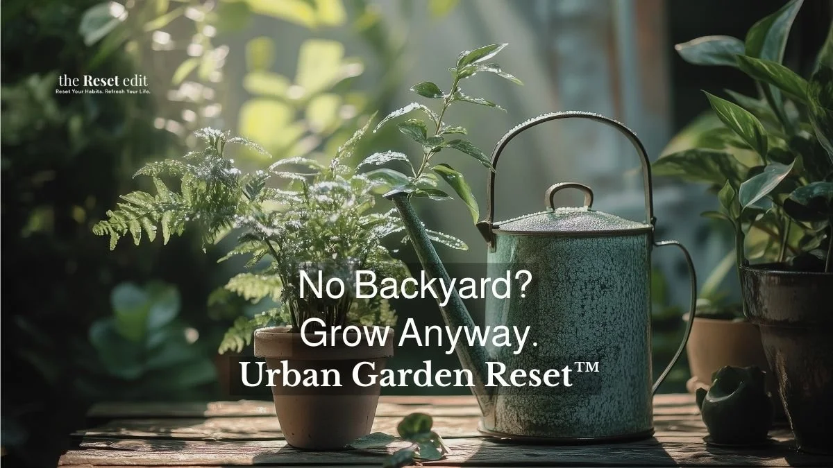 Urban balcony garden with herbs and vegetables in containers, small space urban gardening guide for US and UK readers, printable Urban Garden Reset PDF