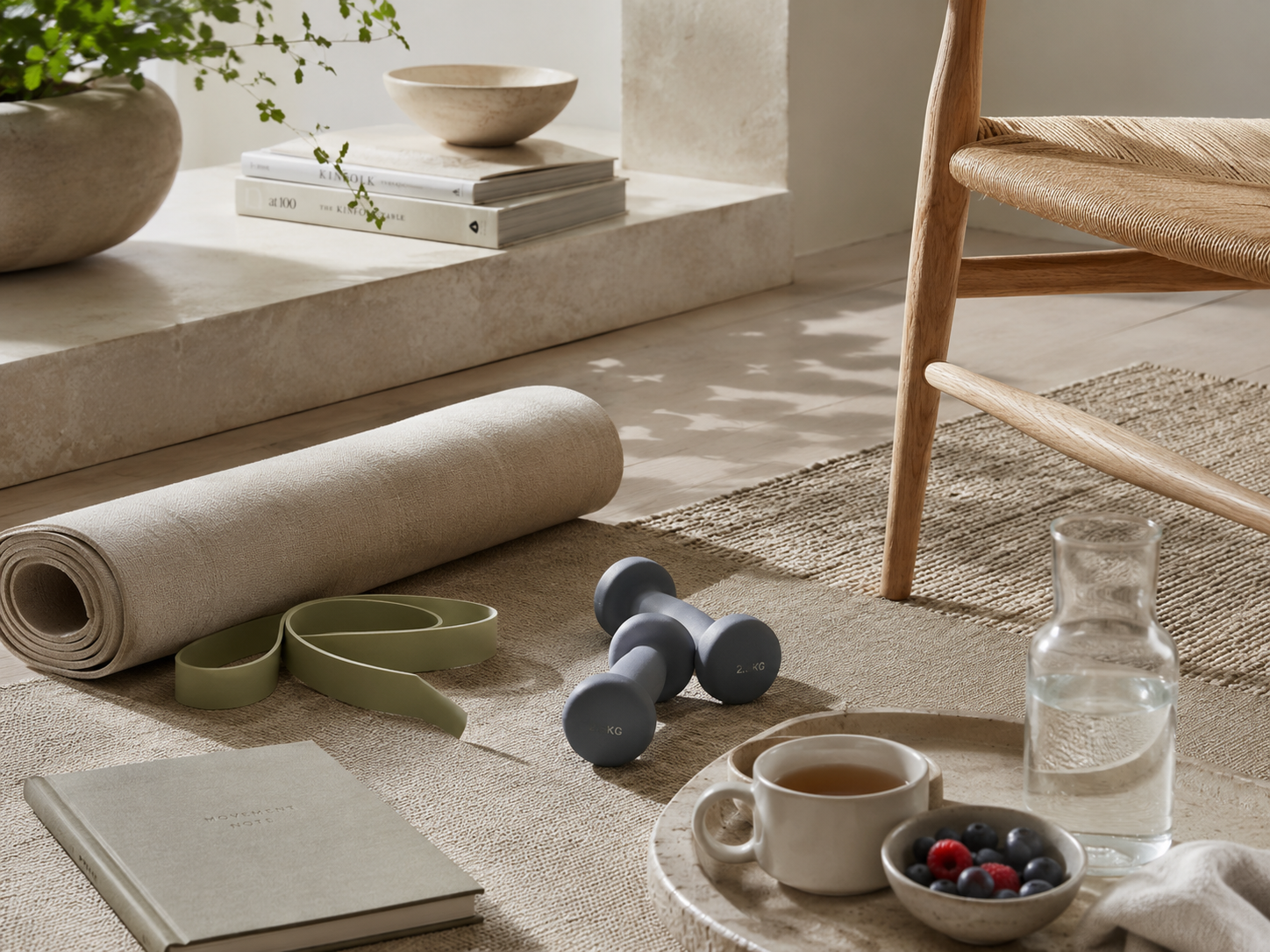 Rolled exercise mat, resistance band and light dumbbells at home — a gentle strength setup, no gym needed.