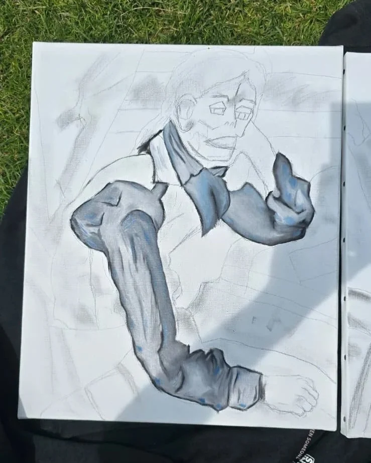 Partial sketch of a girl with glasses, wearing a jacket and scarf, with the arm and hand detailed, sitting outdoors on grass.