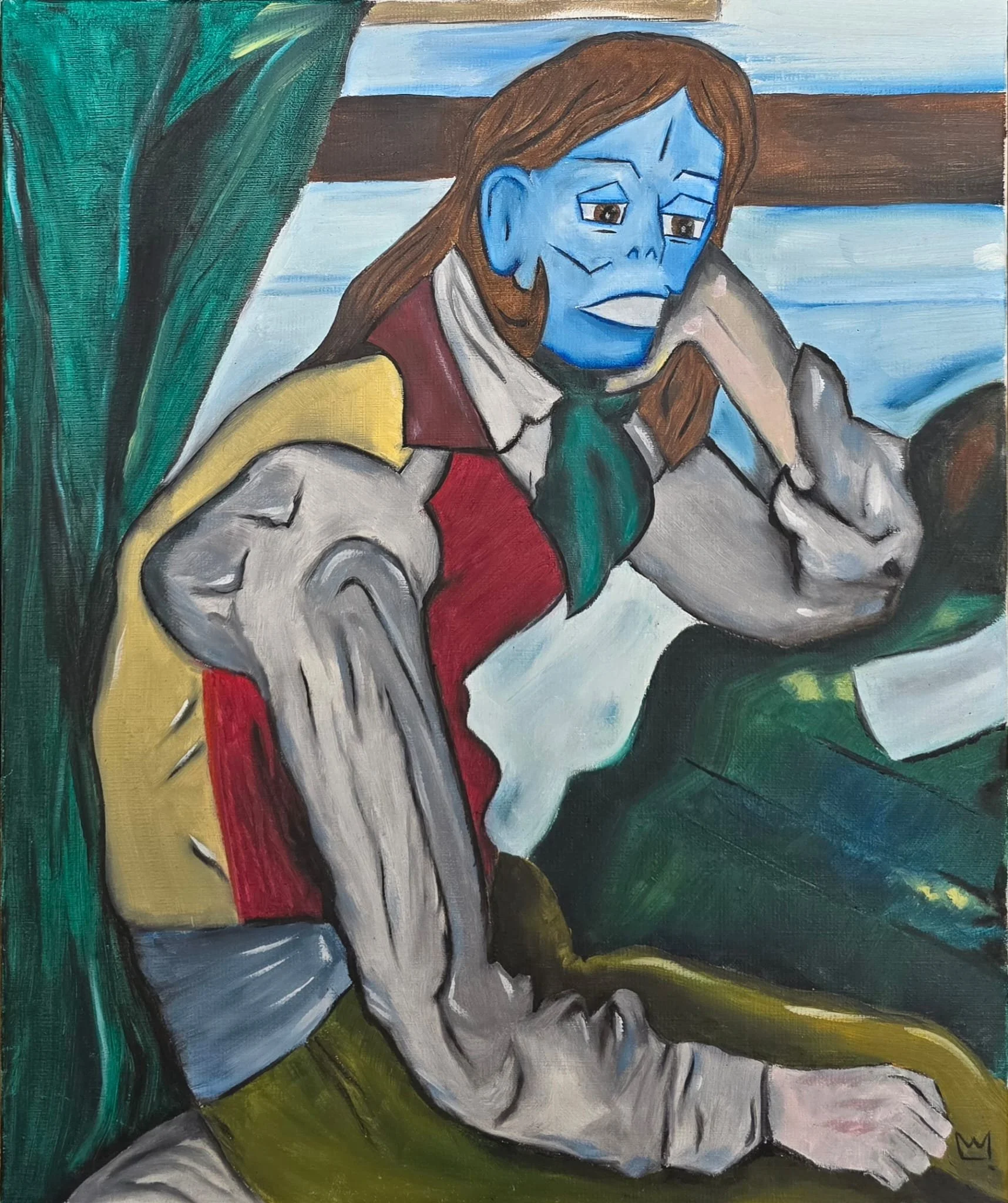 Painting of a person with blue skin, long brown hair, wearing a multicolored shirt, sitting with one arm resting on their head, in a landscape with trees and sky.