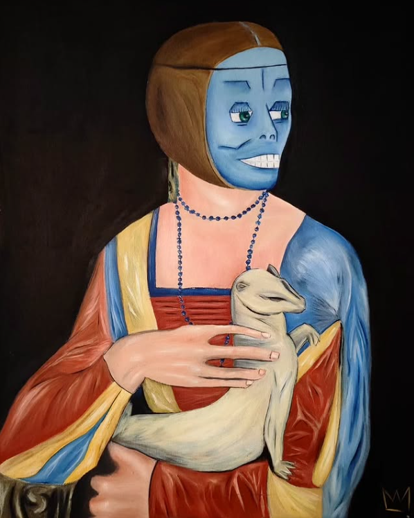 A painting of a woman with a blue face, wearing a red dress with a yellow and blue shawl. She has short brown hair and wears a beaded necklace. She is holding a small, beige dog.