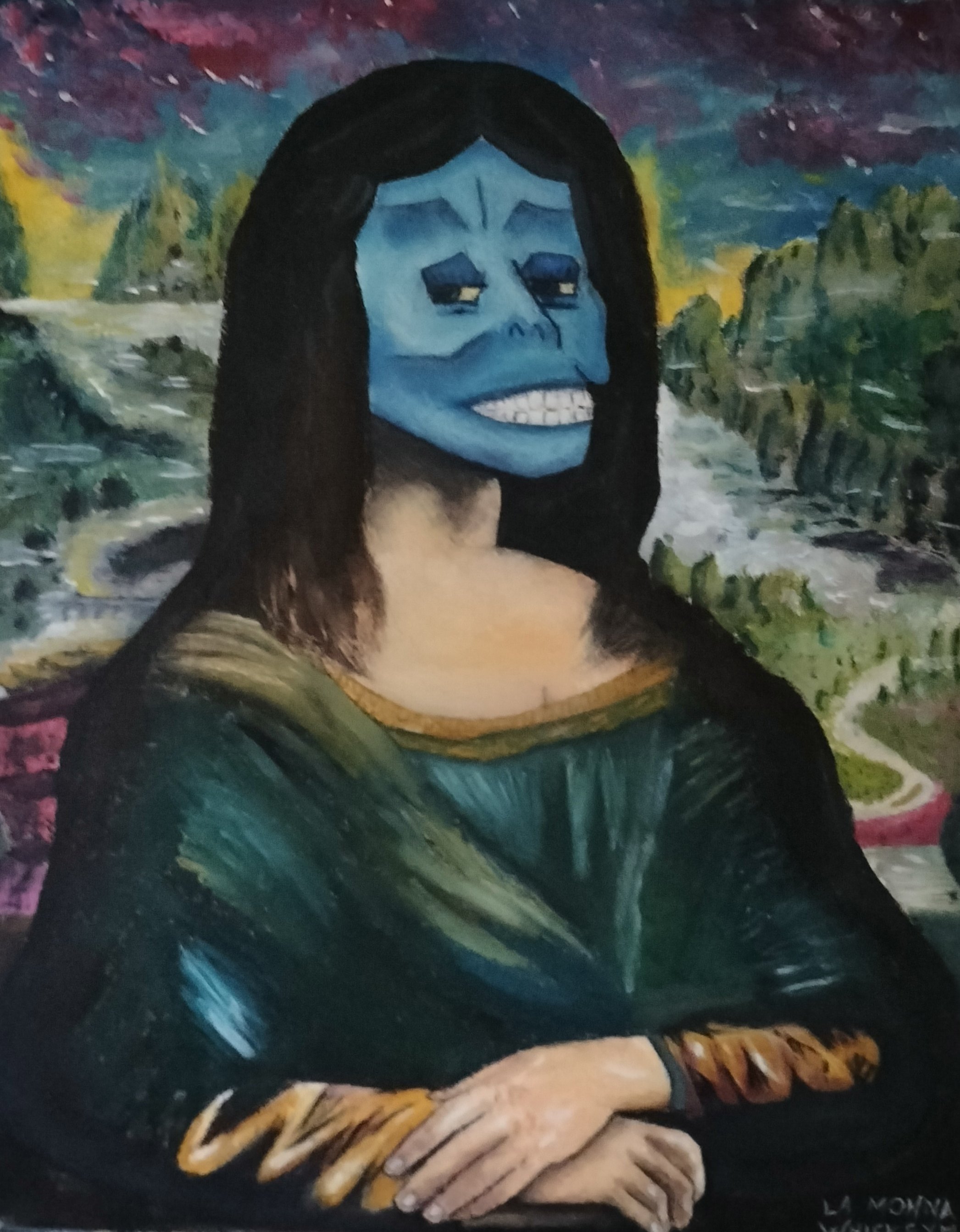 A painting of the Mona Lisa with her face replaced by a blue, skeletal face with long dark hair, smiling, set against a colorful landscape background.