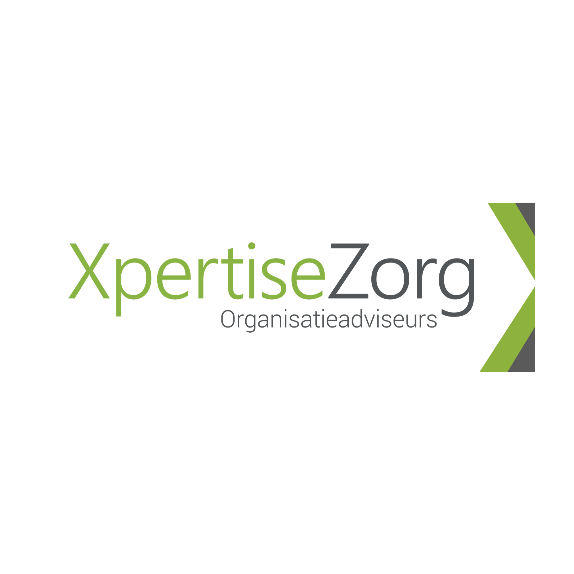 Logo met de woorden 'XpertiseZorg' en 'Organisatieadviseurs' in groene en zwarte letters.
