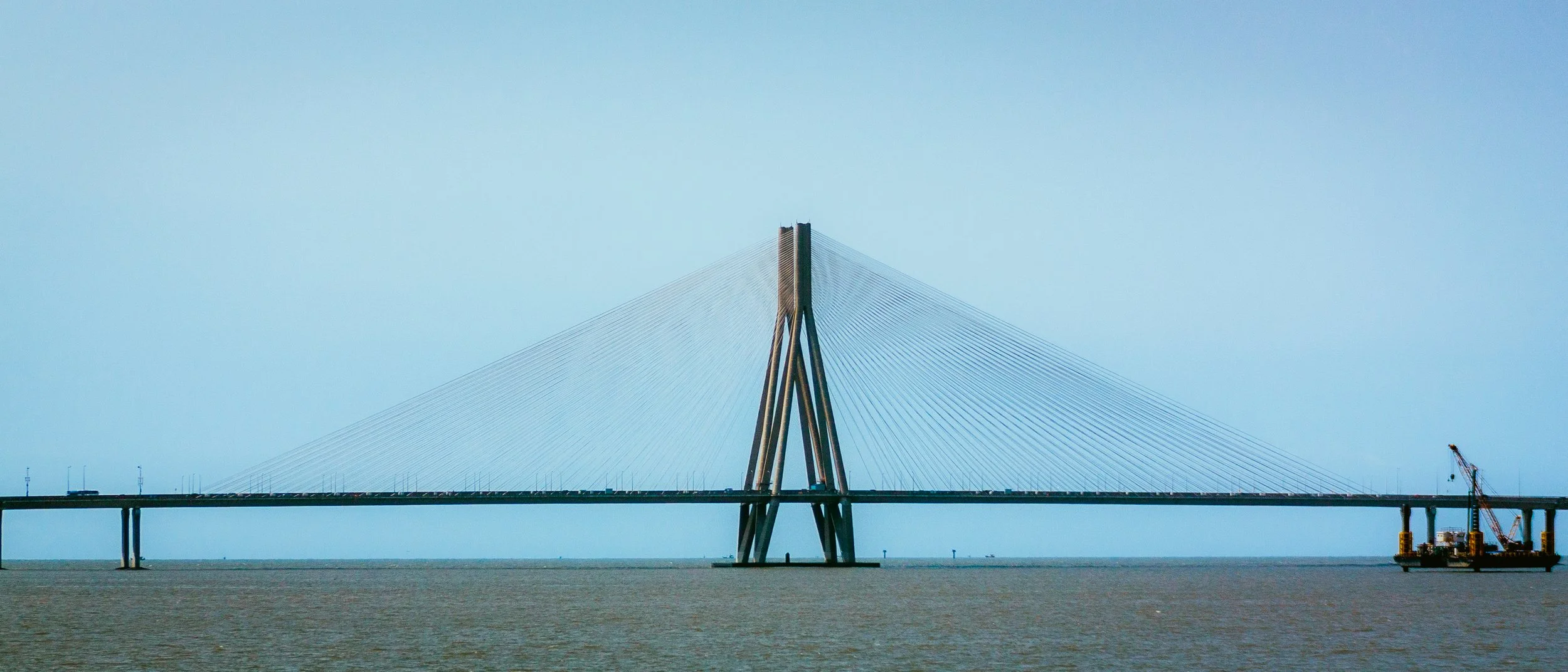 View of a modern cable-stayed bridge over water with a clear sky in the background.