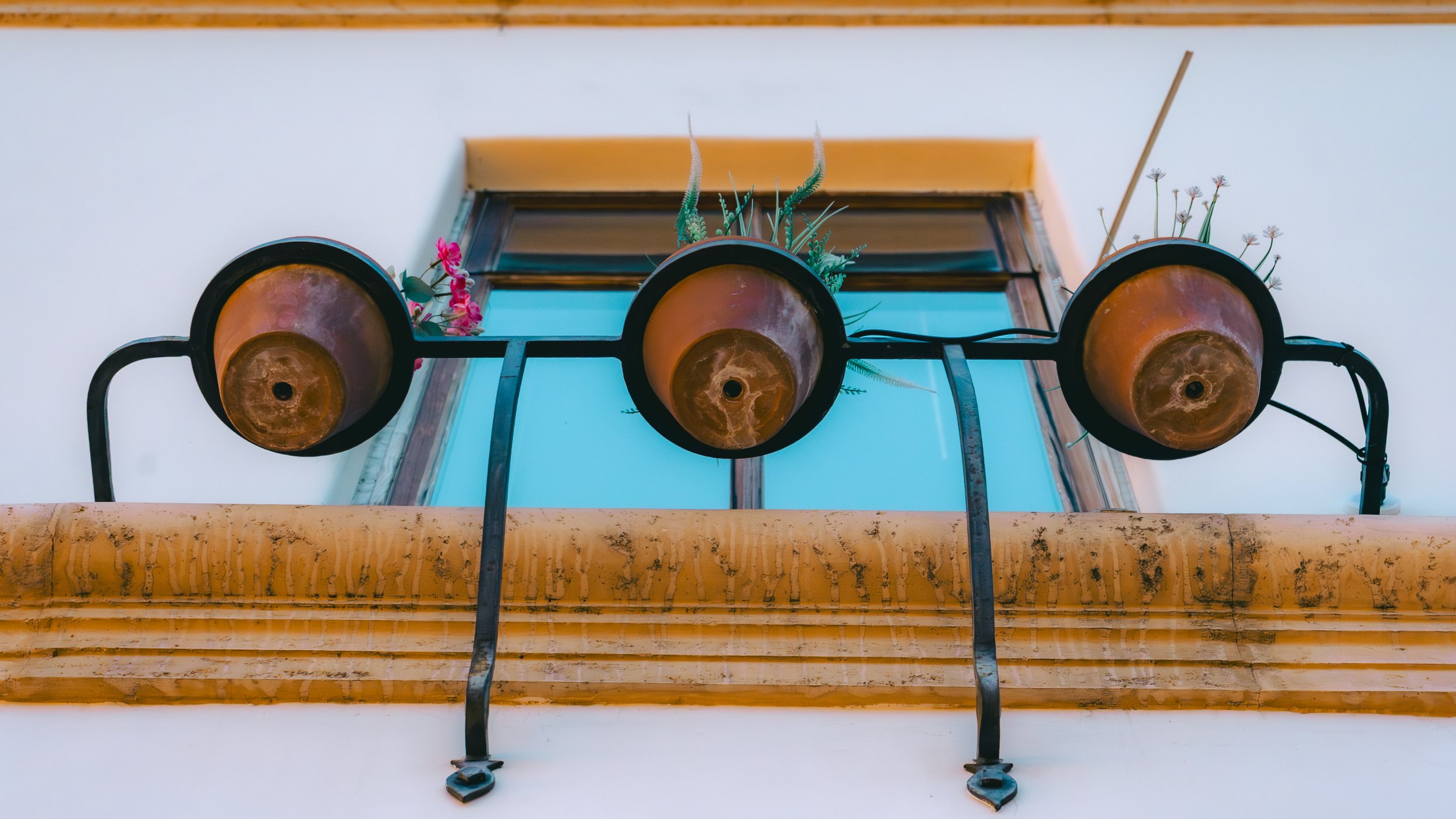 View of a decorative outdoor wall-mounted lamp fixture with three black metal and glass lamps, decorated with plants and flowers, attached above a window on a white wall.