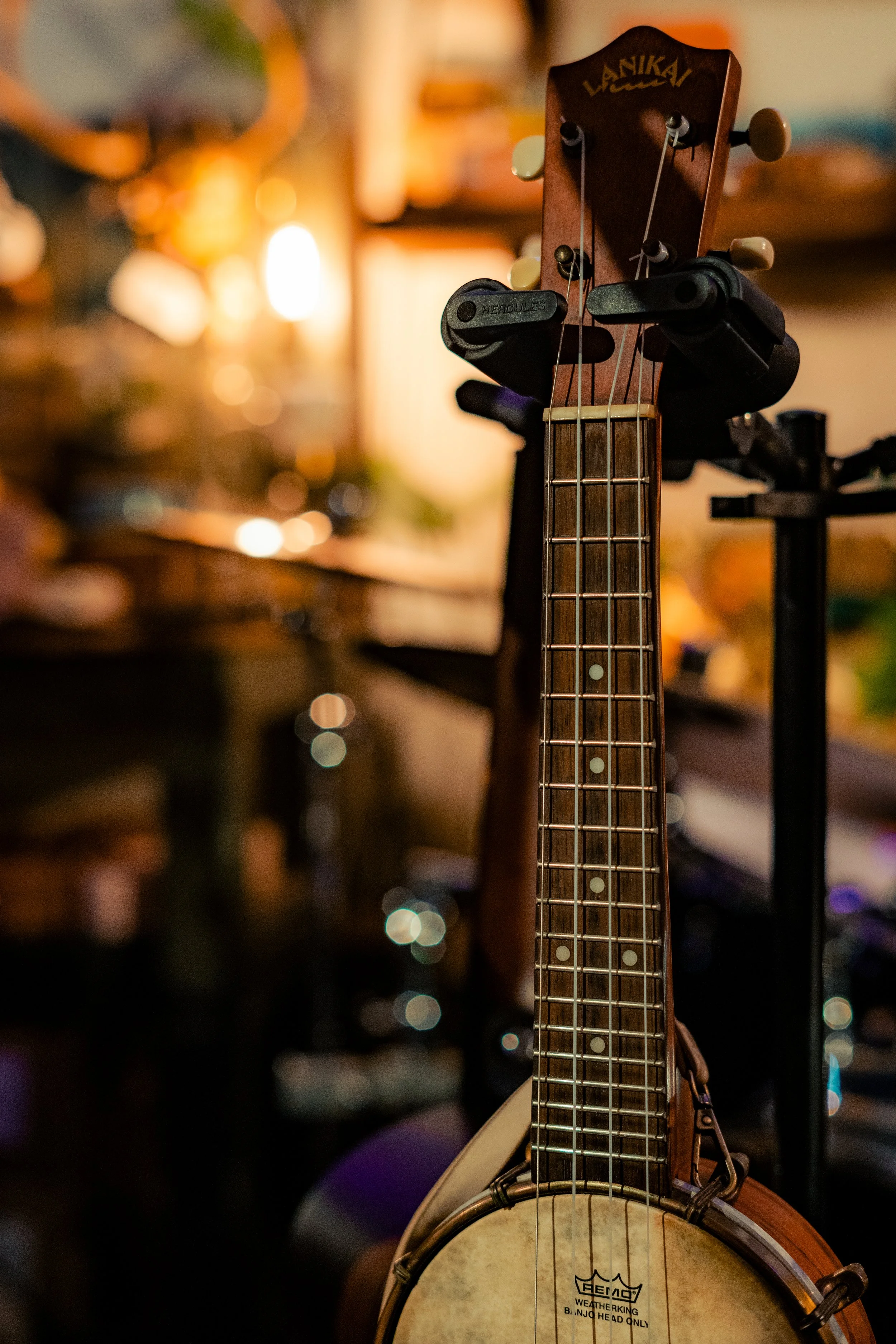 A mandolin hanging on a black stand in a dimly lit room with warm lighting and blurred background.
