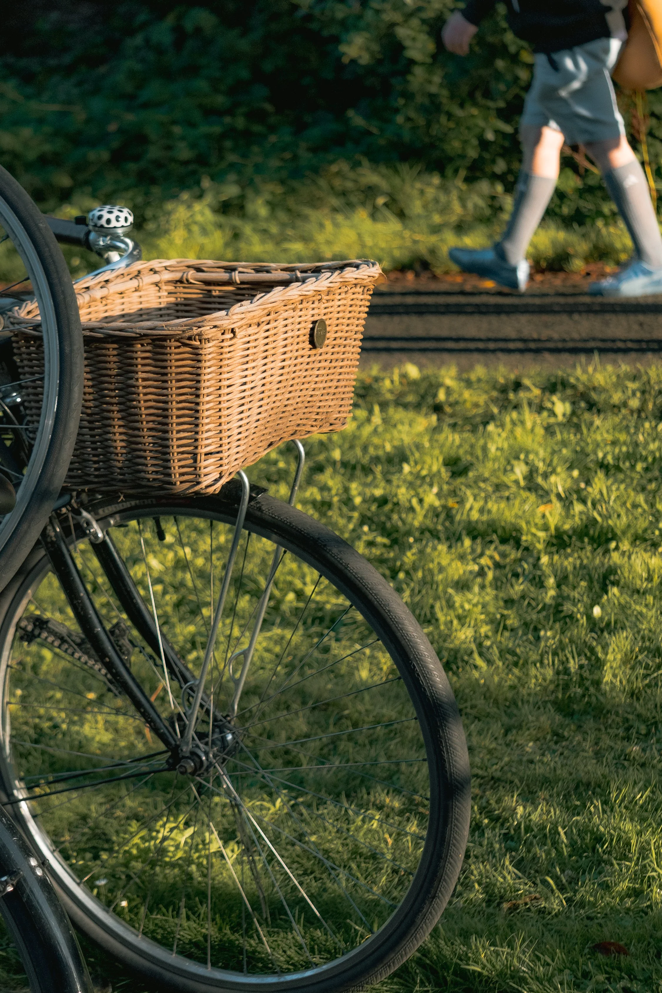 Close-up of a black bicycle with a wicker basket attached to the front, on green grass with a blurred person walking on a path in the background.