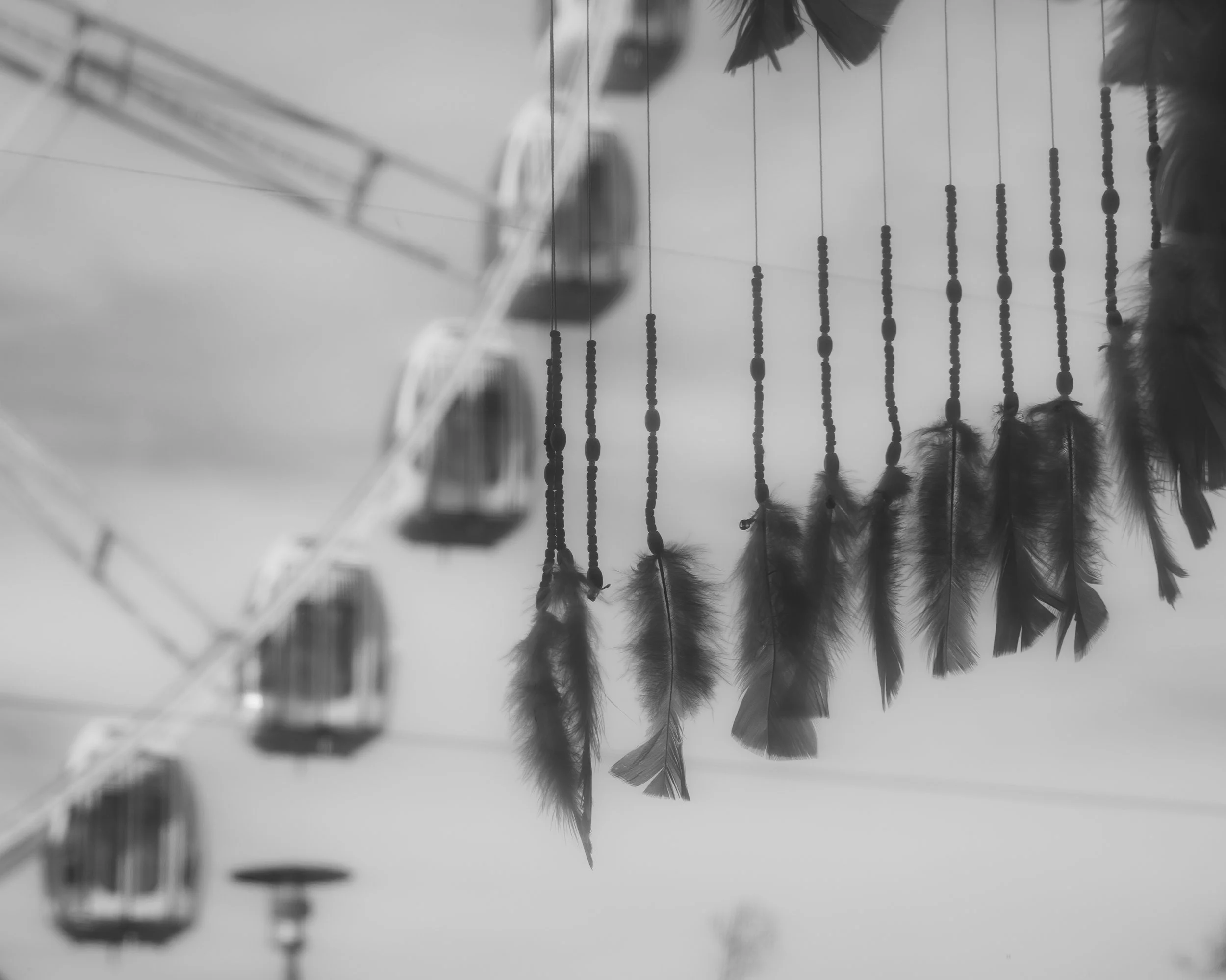 Black and white photograph of a Ferris wheel in the background and a string of hanging dreamcatchers with feathers in the foreground.