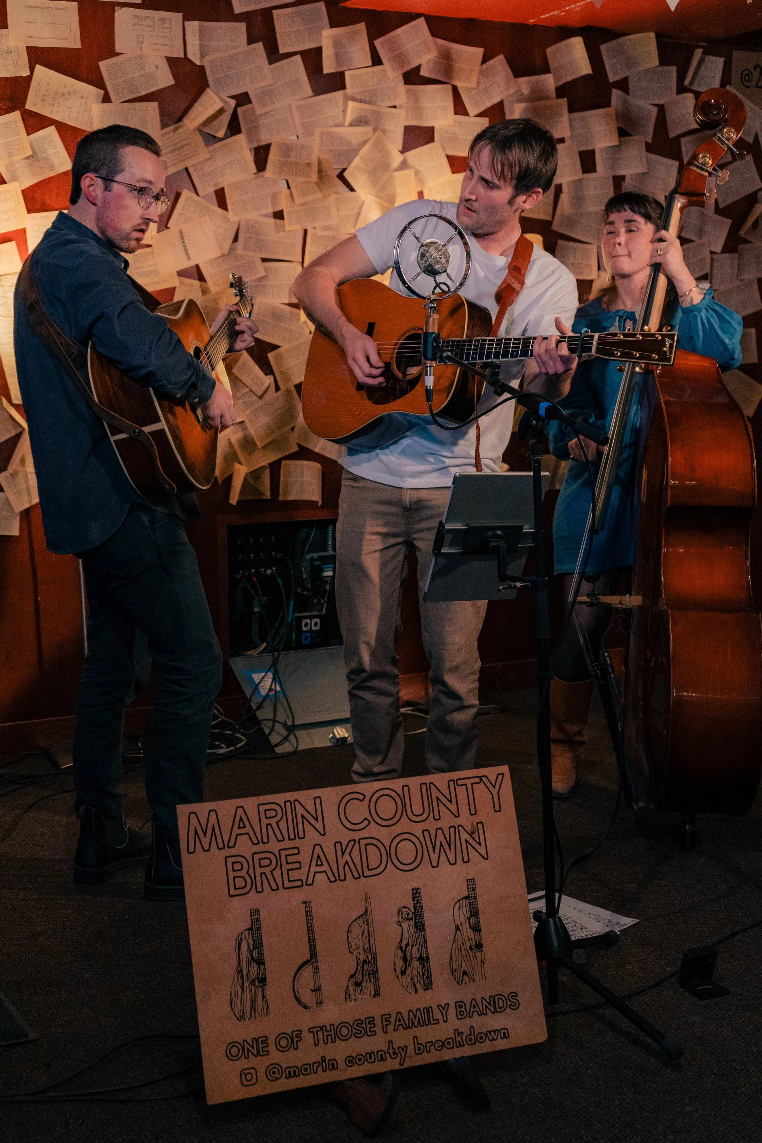 Three musicians performing with guitars and a double bass in a cozy, wood-paneled room decorated with open books. A sign in front reads 'Marin County Breakdown', promoting a family band with illustrations of stringed instruments.