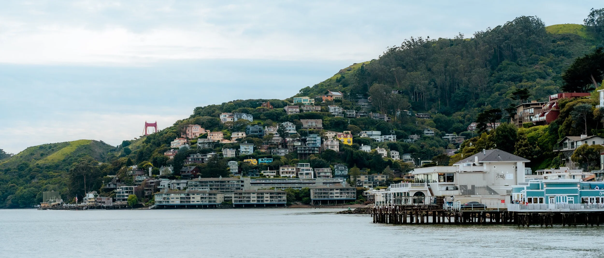 Hilly area with numerous colorful houses along the waterfront and a pier extending into the water, with a green, forested hillside in the background.