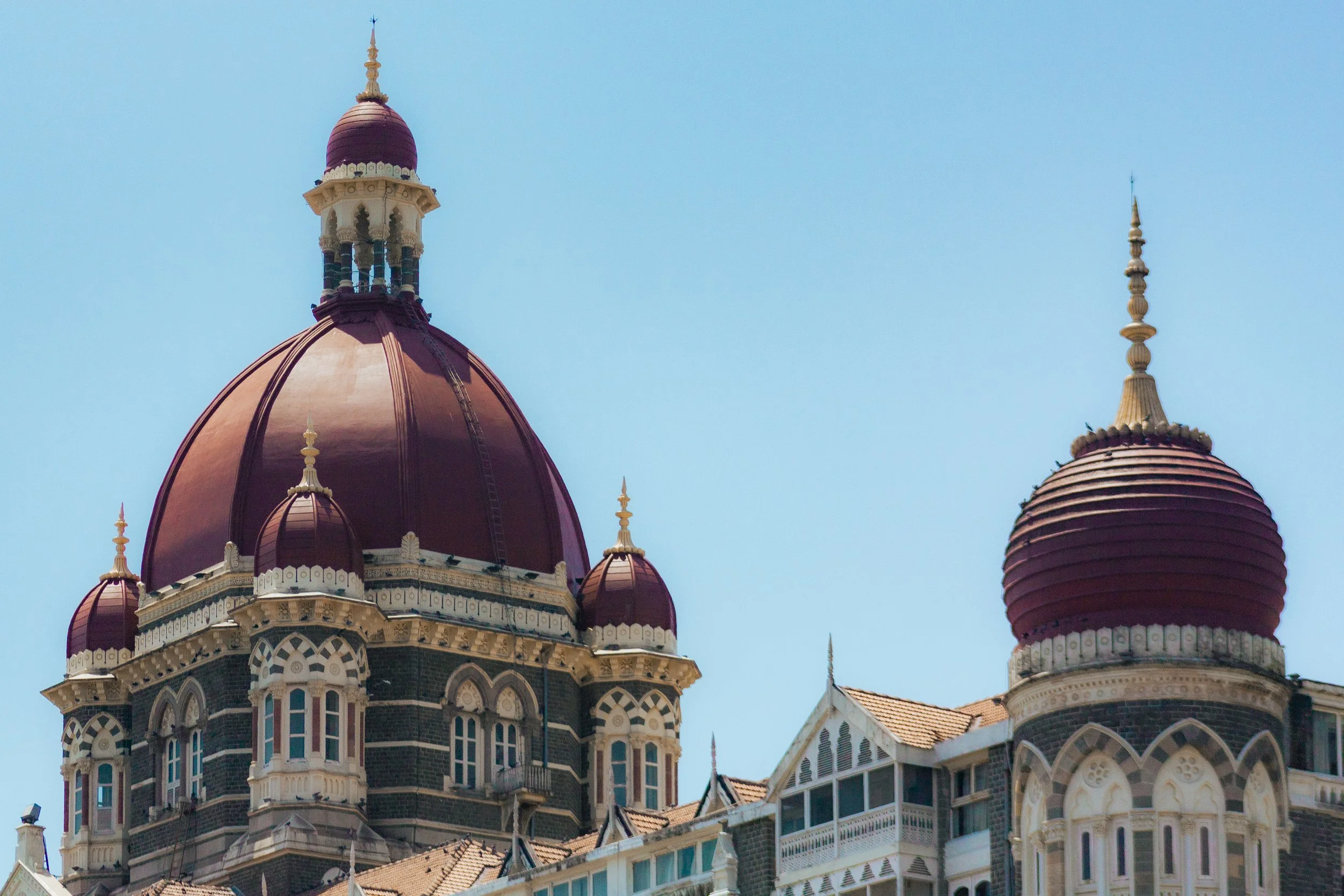 Close-up of ornate rooftop domes and spires of a historic building with a blue sky background.