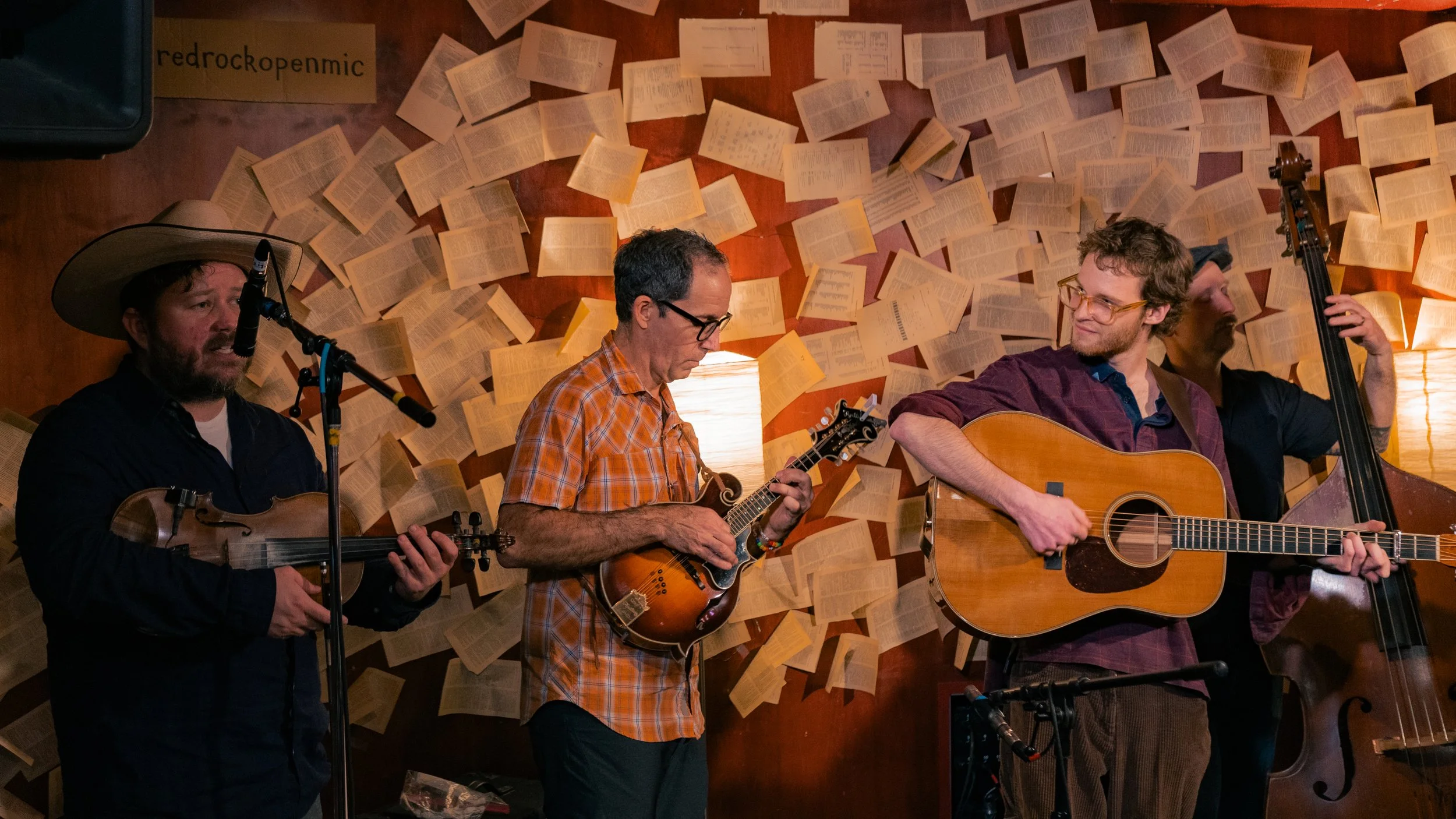 Four musicians performing with string instruments in front of a wall decorated with open books, with one of them singing into a microphone.