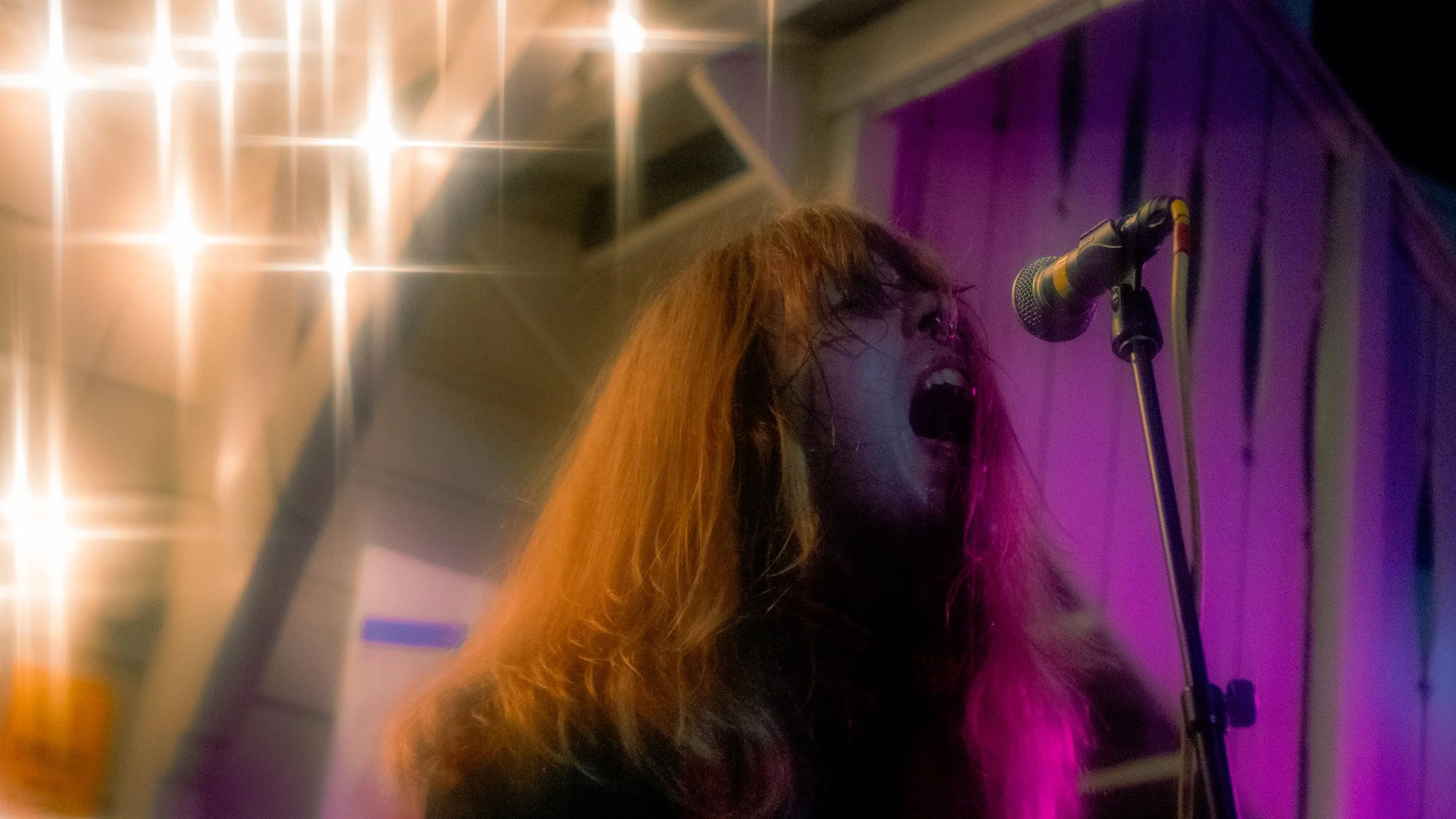 A musician with long, brown hair singing passionately into a microphone on stage, illuminated by colorful stage lights with a purple backdrop.