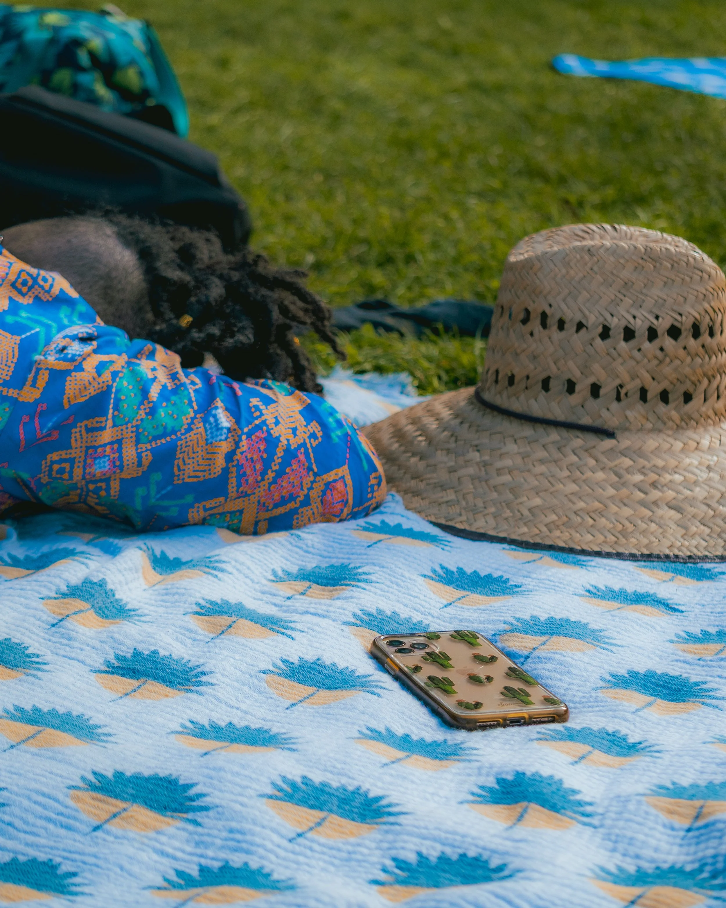 A picnic setup on a blanket with a person resting with their head on a pillow, wearing a colorful patterned shirt, and a straw hat placed nearby. A smartphone with a cactus print case is on the blanket, with grass and a blue towel in the background.