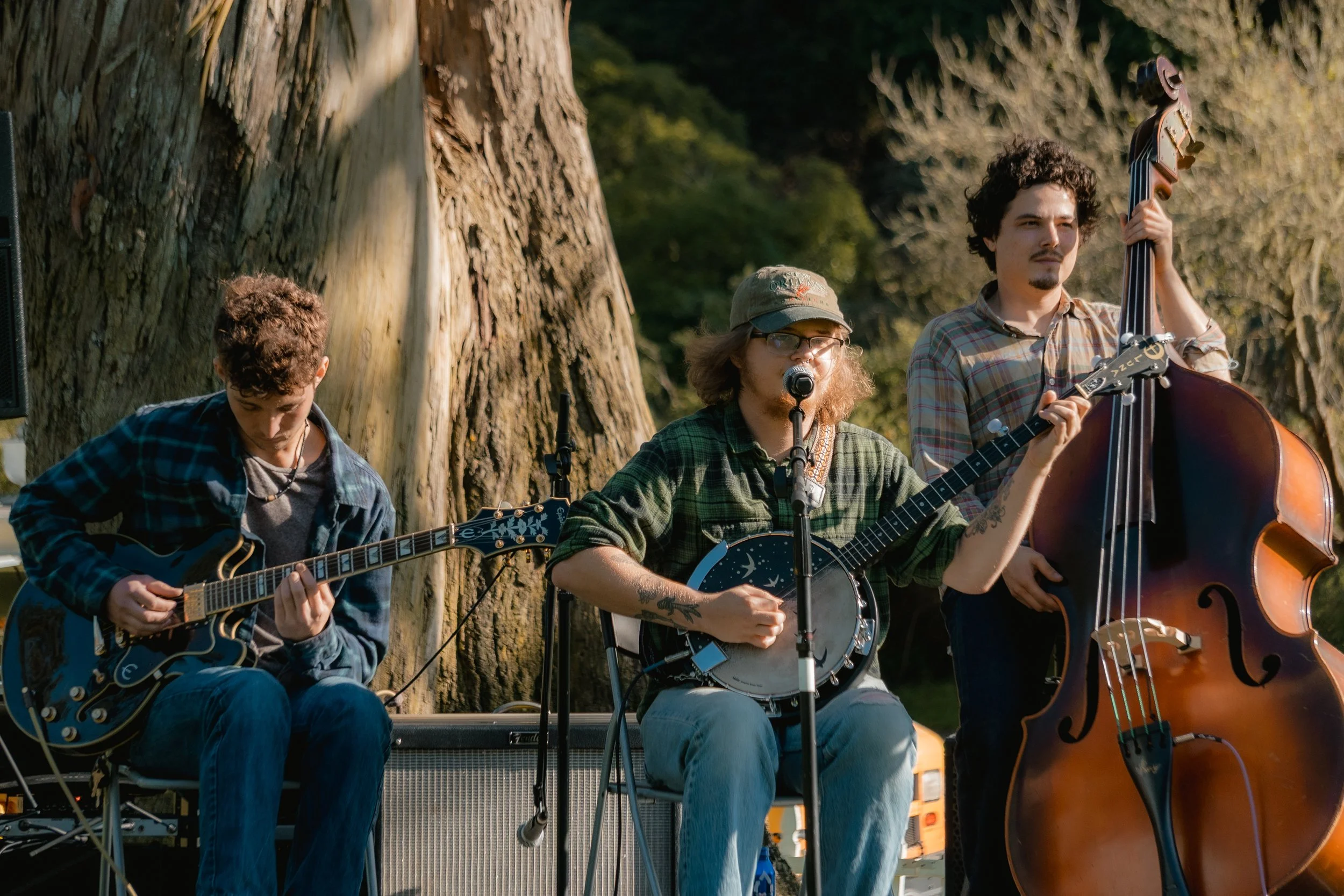 Three young male musicians playing instruments outdoors in front of a large tree, with the first playing an electric guitar, the second a banjo, and the third a double bass.