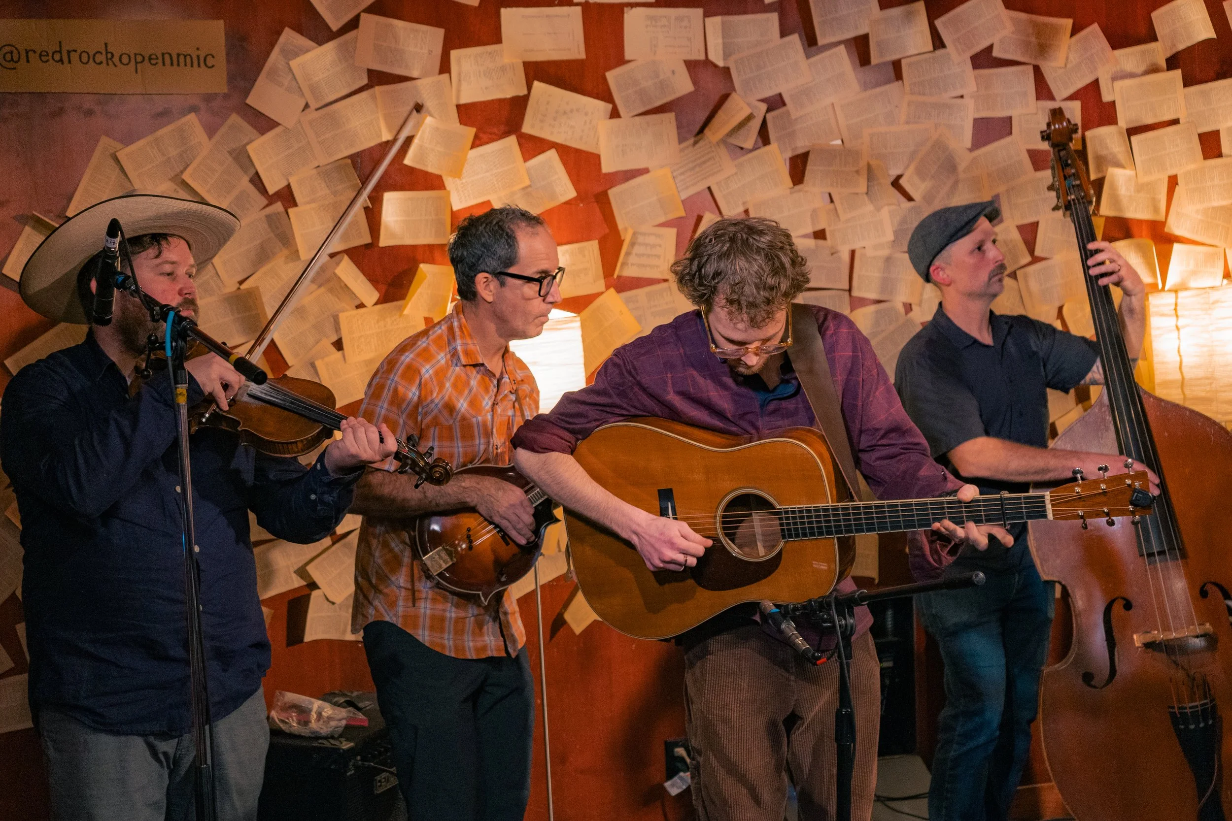 Four musicians playing instruments on stage with a wall of open books behind them, one playing violin, one with a mandolin, one with an acoustic guitar, and one with a double bass.