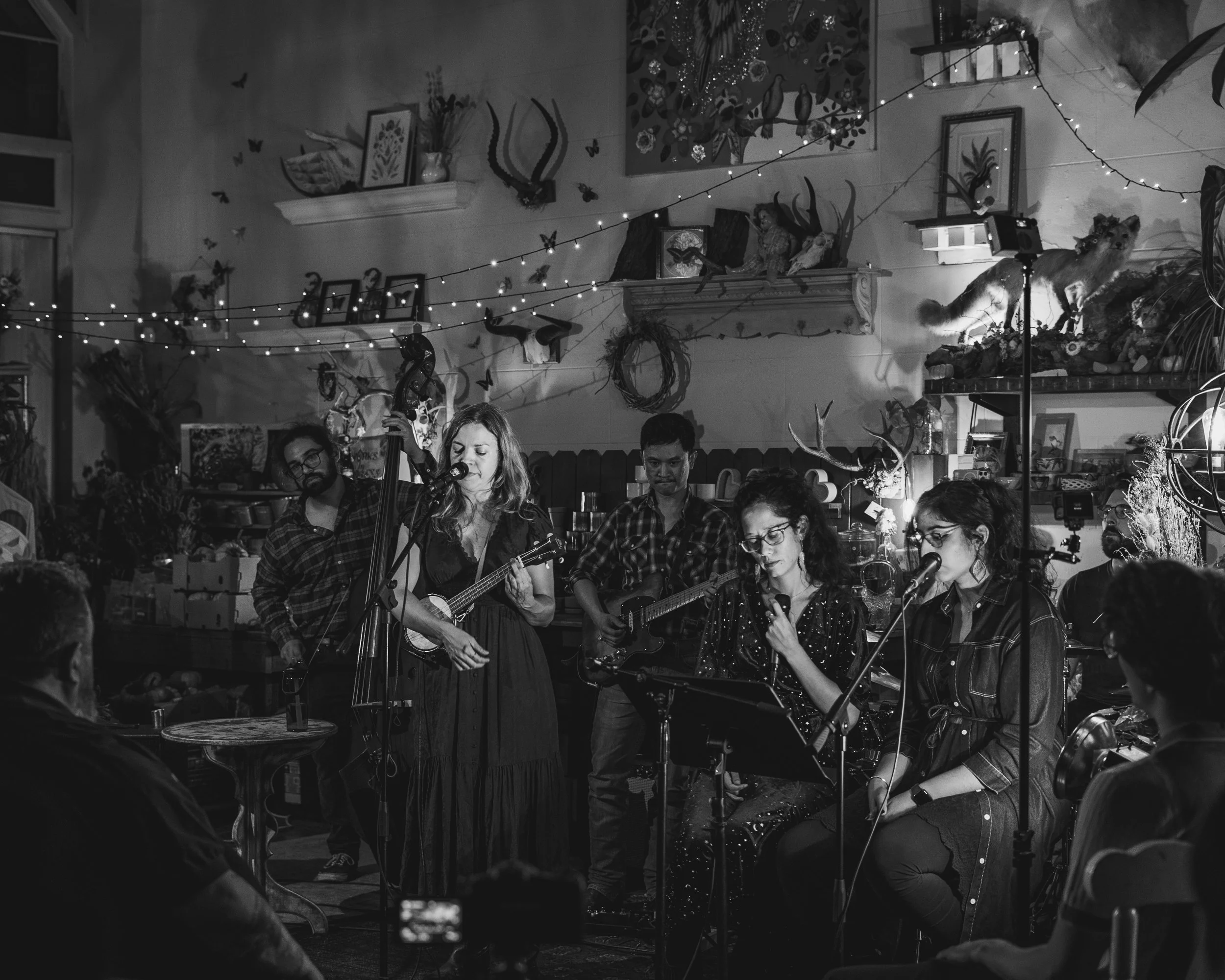 A live music performance with five musicians on stage, including a woman with a ukulele, in a decorated cozy venue with string lights, framed pictures, and animal decorations.
