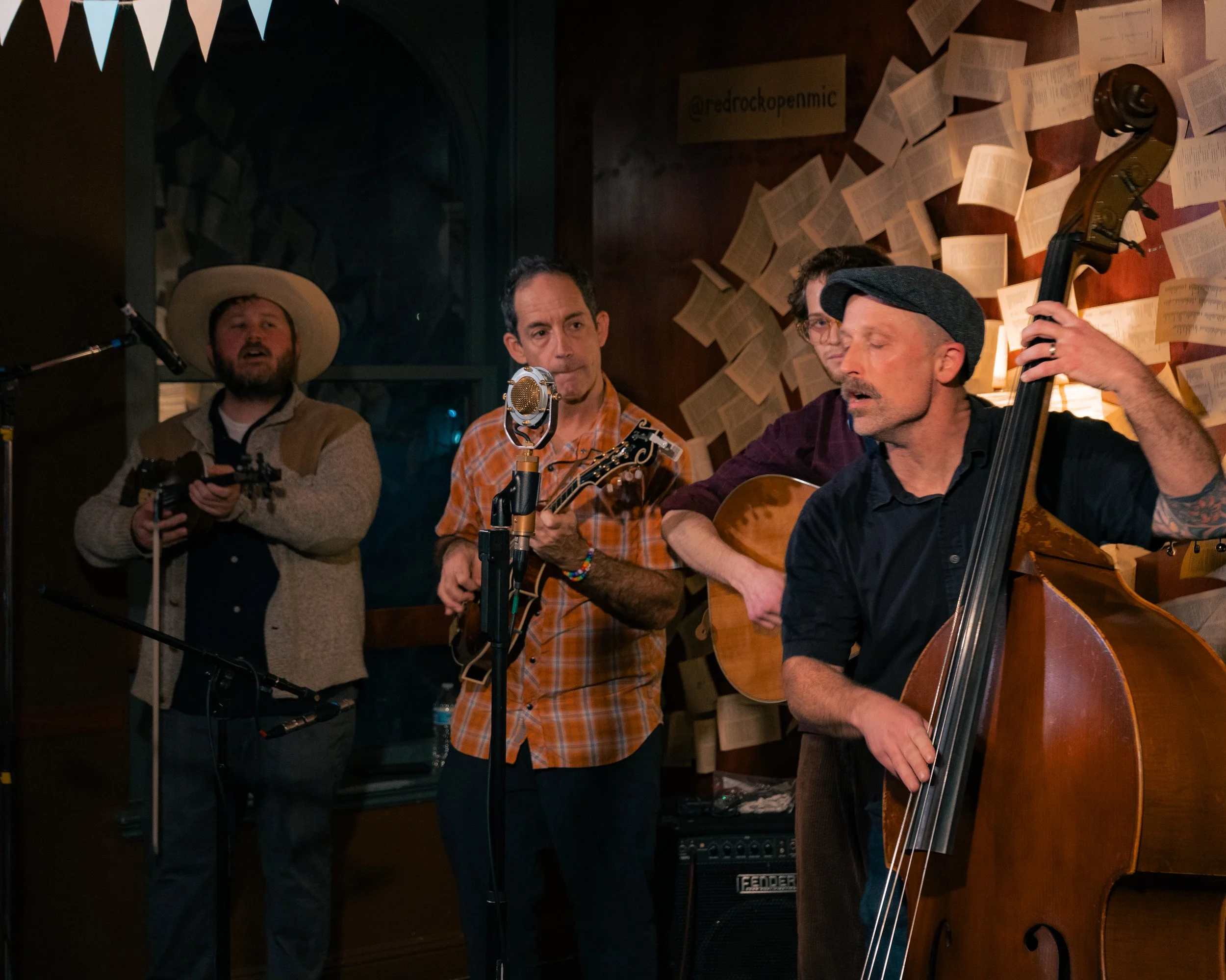 A small musical group performing in a cozy room with wall decorations made of open books. Four men are playing instruments and singing, with a microphone set up in front of them.