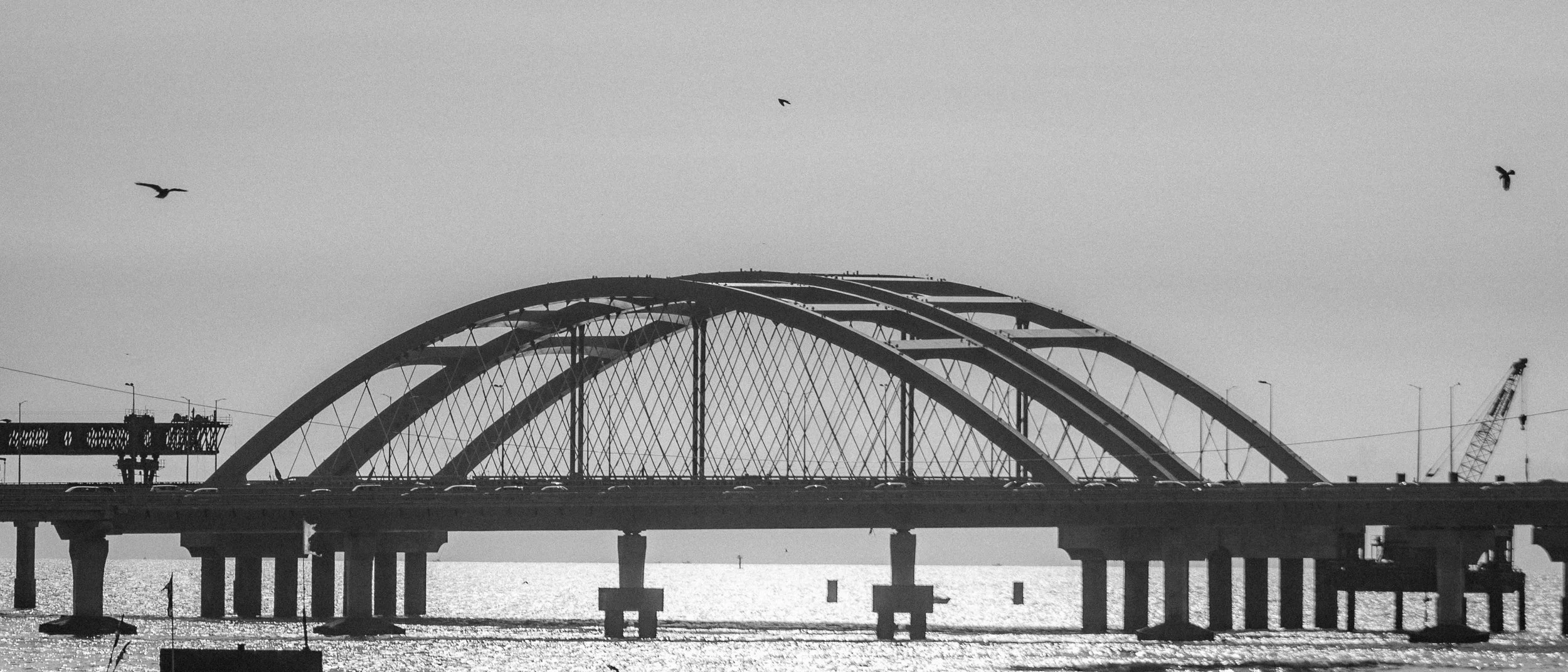 Black and white photo of a bridge with curved arches spanning over water, with a crane on the right and three birds flying overhead.