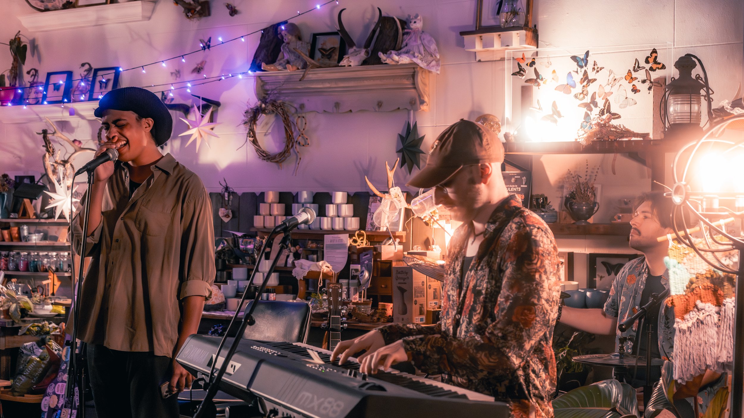 A band performing in a cozy, decorated indoor space with string lights, butterfly and star decorations, and shelves with various ornaments and crafts.