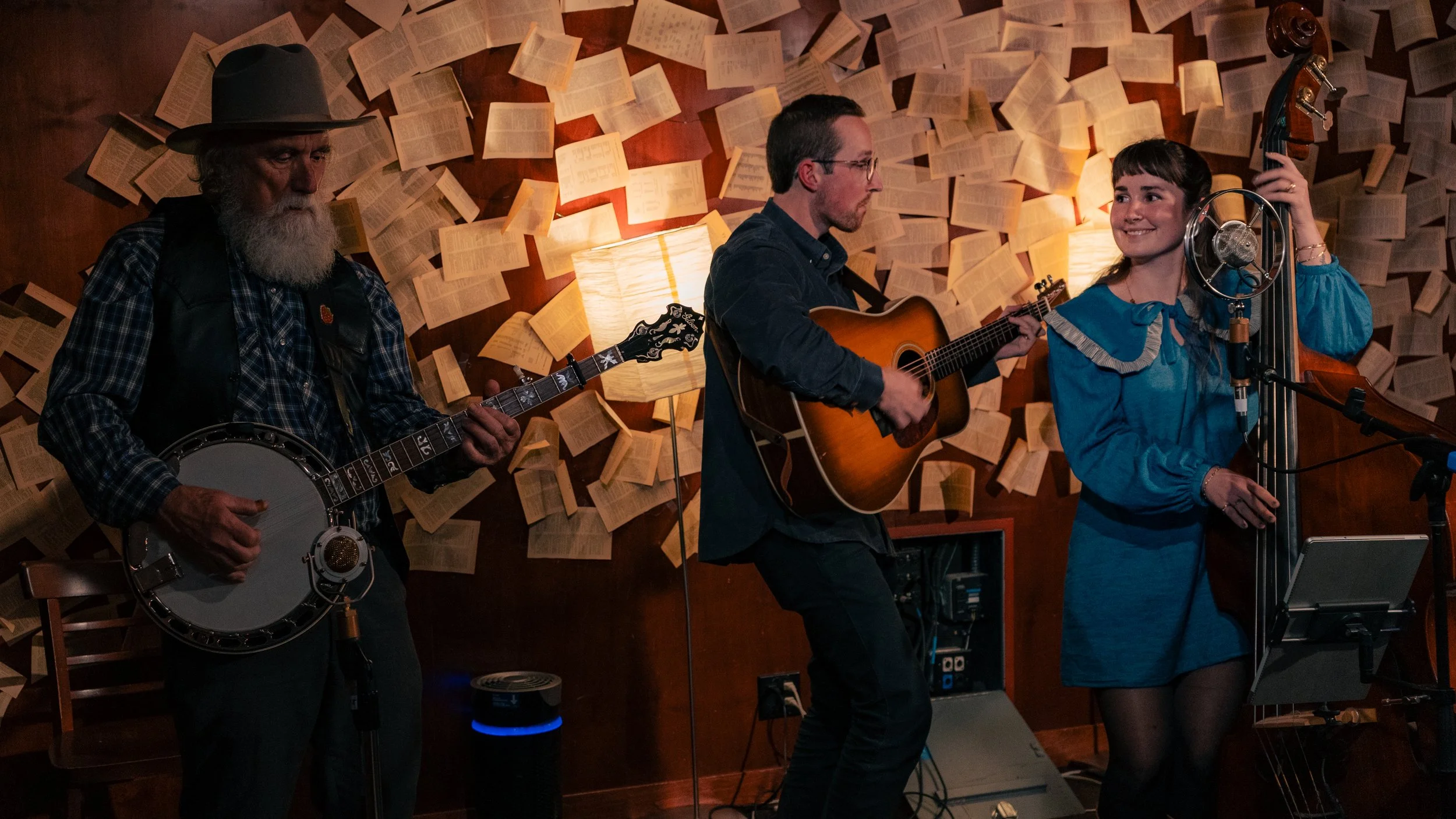 Three musicians playing instruments, an older man with a banjo, a man with an acoustic guitar, and a woman with a double bass, performing in a cozy setting with a wall covered in open books and a lamp.
