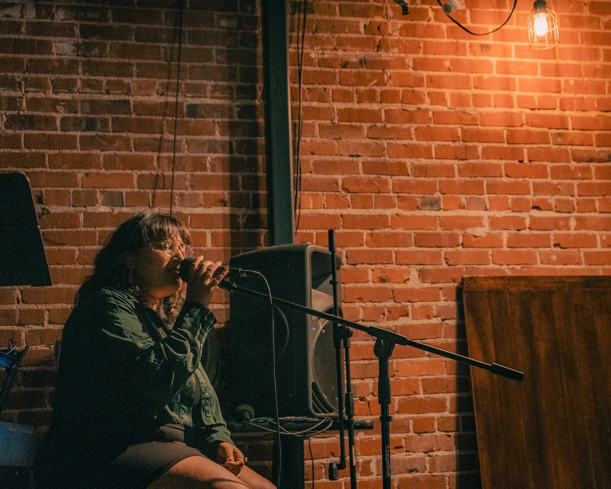 A woman sitting against a brick wall, singing into a microphone in a dimly lit venue.