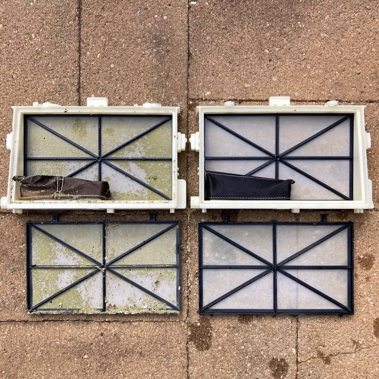 Same set of filters, one before a clean and degrease, one after. Can you guess which is which? 🧐

Dirty filter panels are one of the leading causes of impeller motor failures in robotic pool cleaners. dirty panels lead to loss of suction and extra w