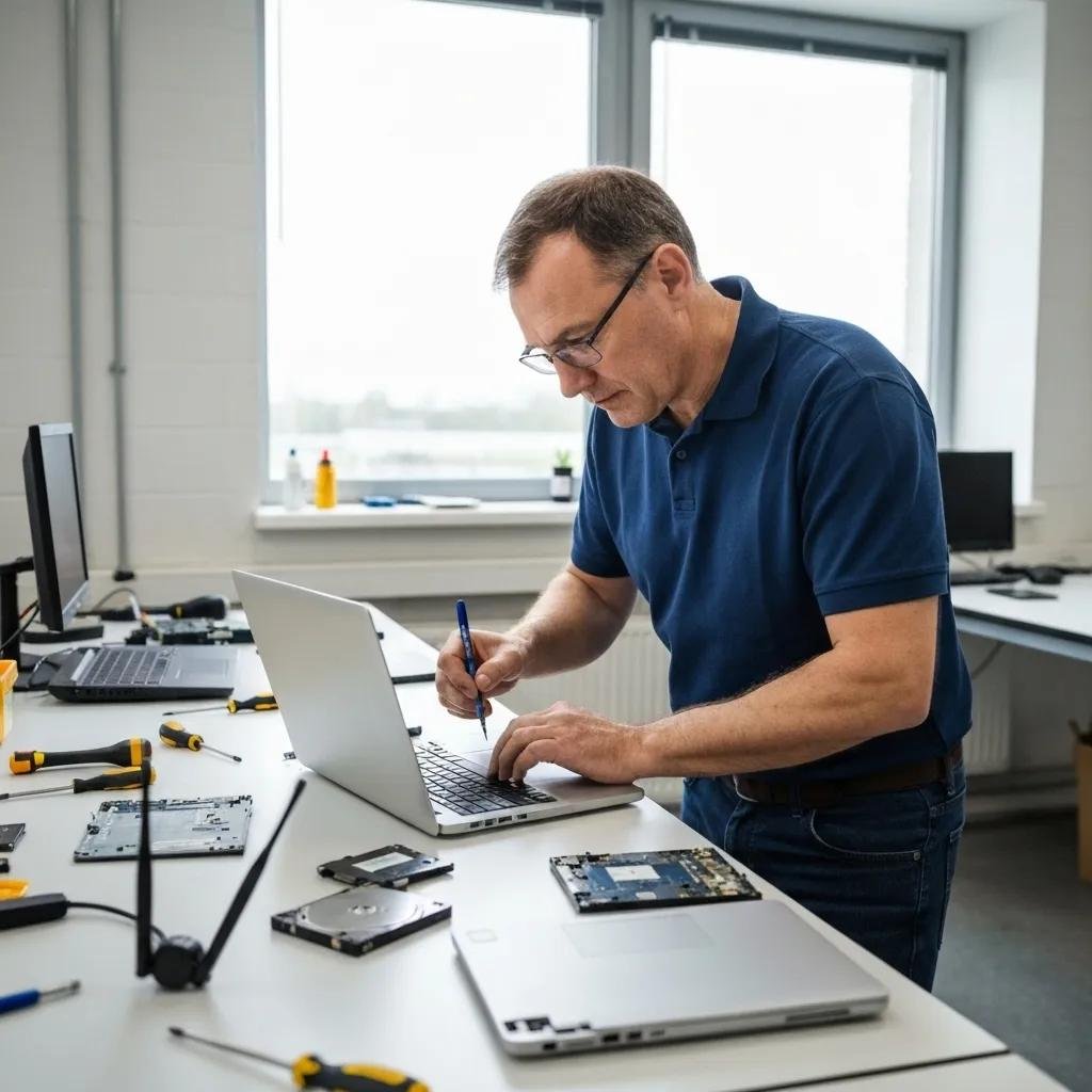 A man working on repairing a robot at a workbench with various tools and computer parts.