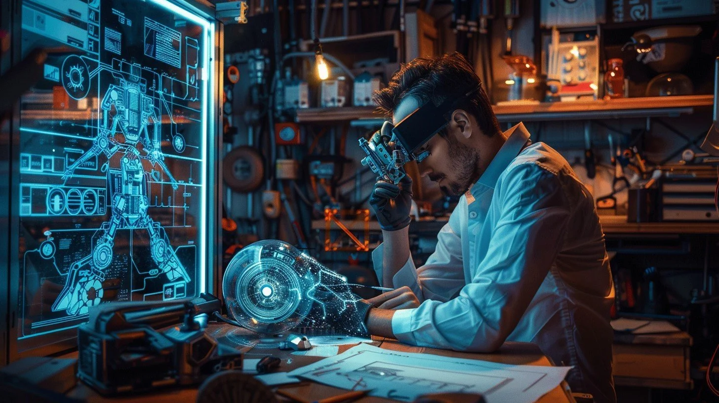A man wearing a white lab coat and a futuristic augmented reality headset is working on a holographic interface of a robotic blueprint in a cluttered workshop.