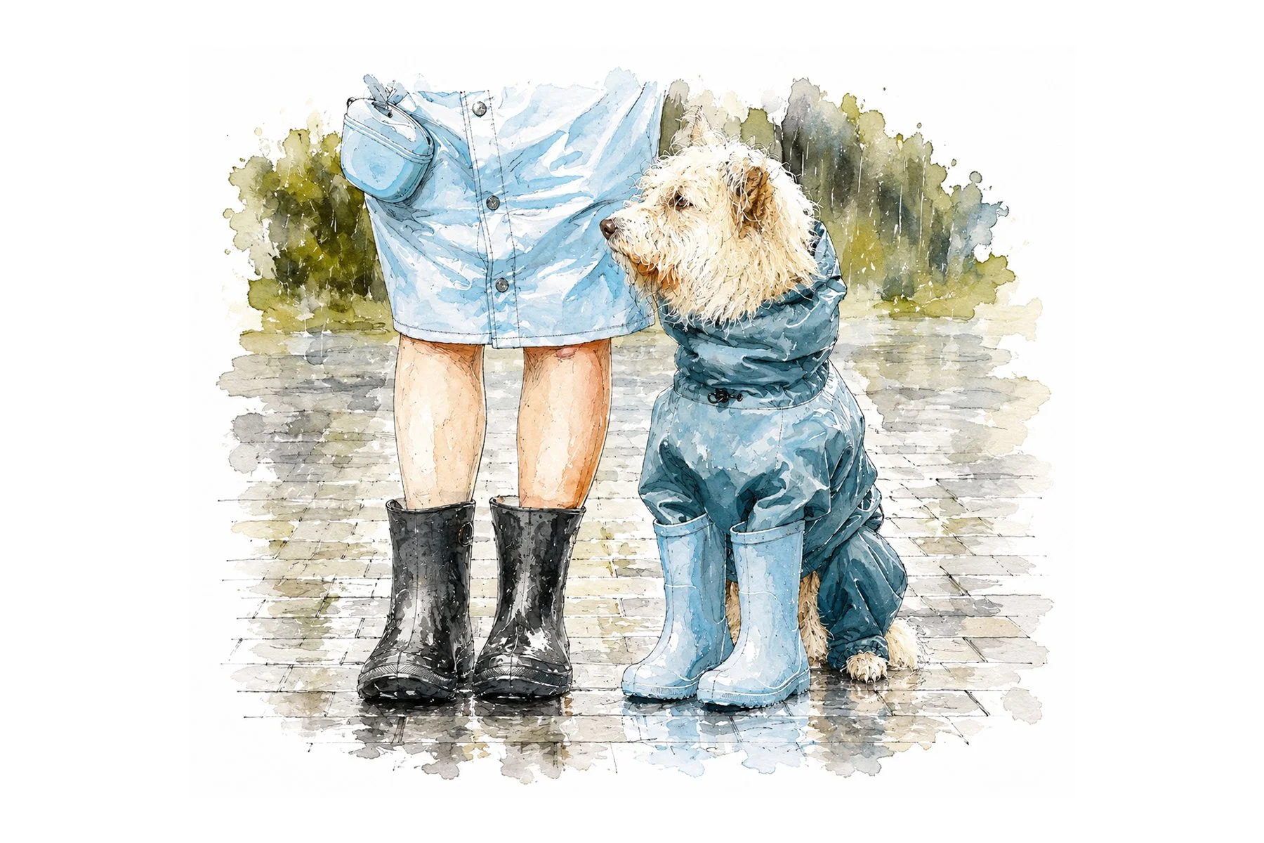 Illustration of a person and dog dressed for wet winter weather