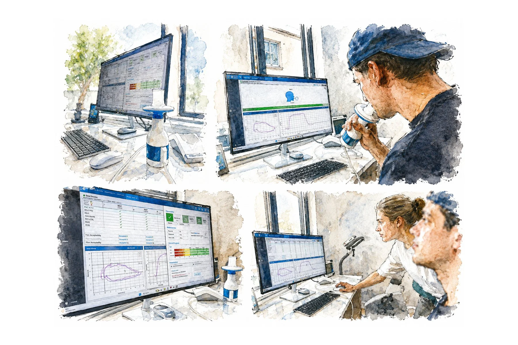 Illustration of a patient performing spirometry while a clinician reviews lung function test results on a computer
