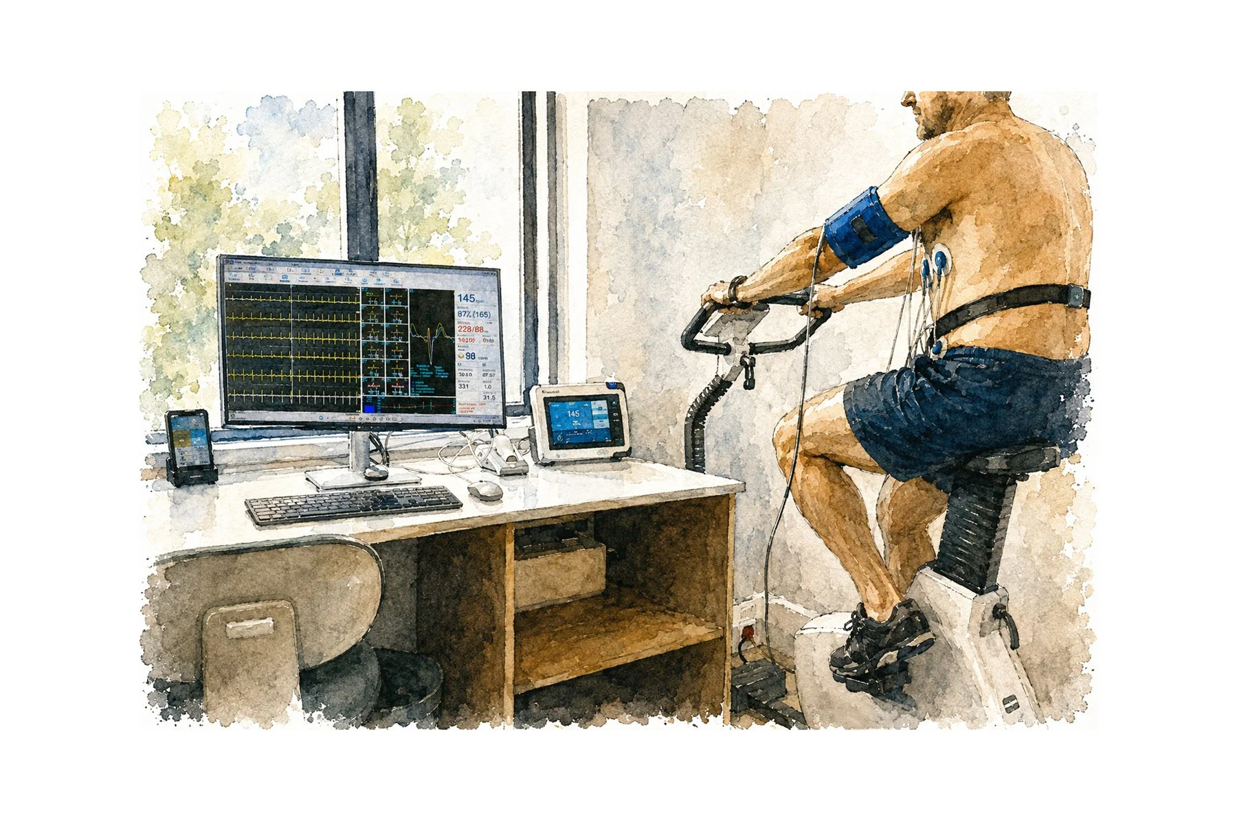 Illustration of a patient undergoing a stress ECG on an exercise bicycle with continuous heart monitoring