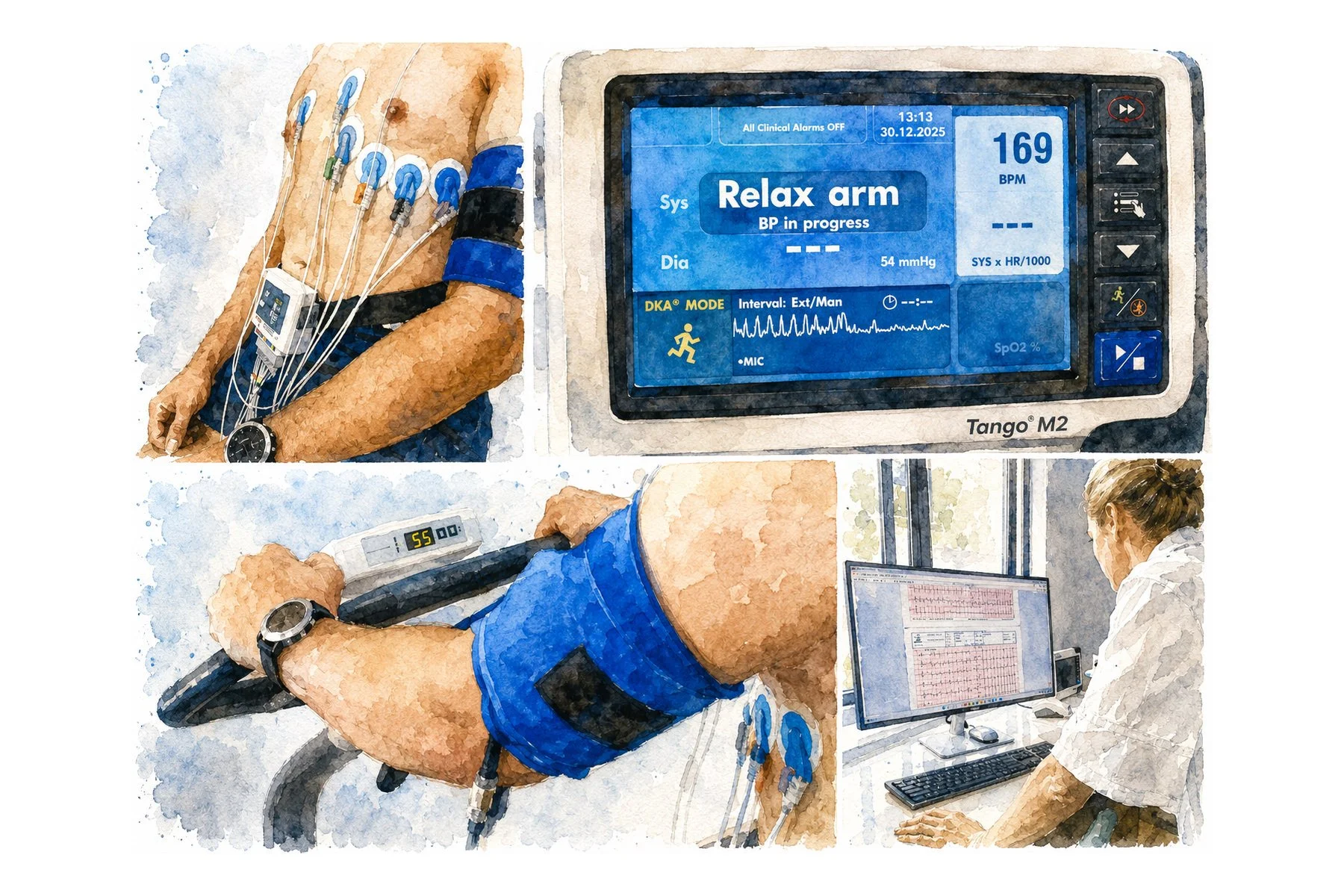 Illustration of ECG electrodes, blood pressure monitoring and cardiac assessment during a stress ECG test