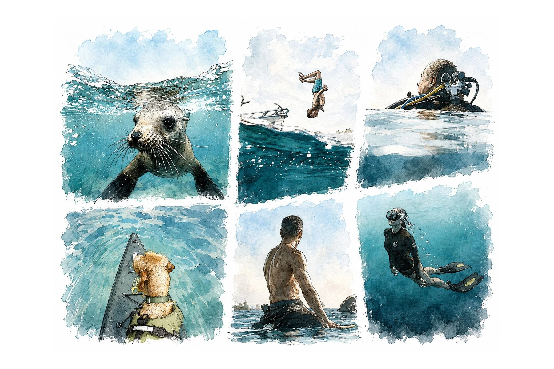 Illustration of swimming, diving and water activities in Hout Bay highlighting rabies awareness around seals