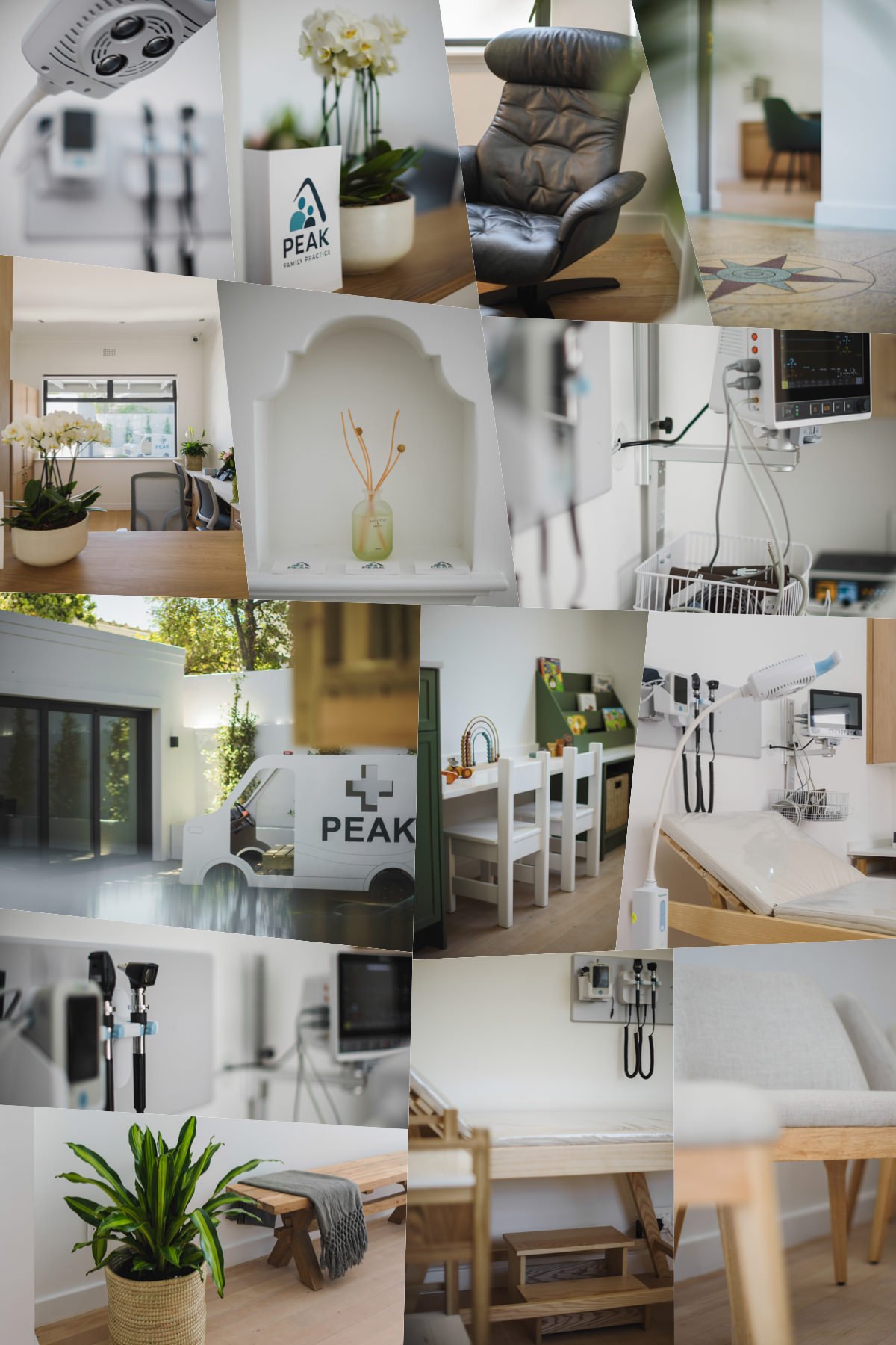 Detail views of consultation rooms and child-friendly spaces at Peak Family Practice in Hout Bay, highlighting calm interiors, medical equipment, and welcoming family-focused design