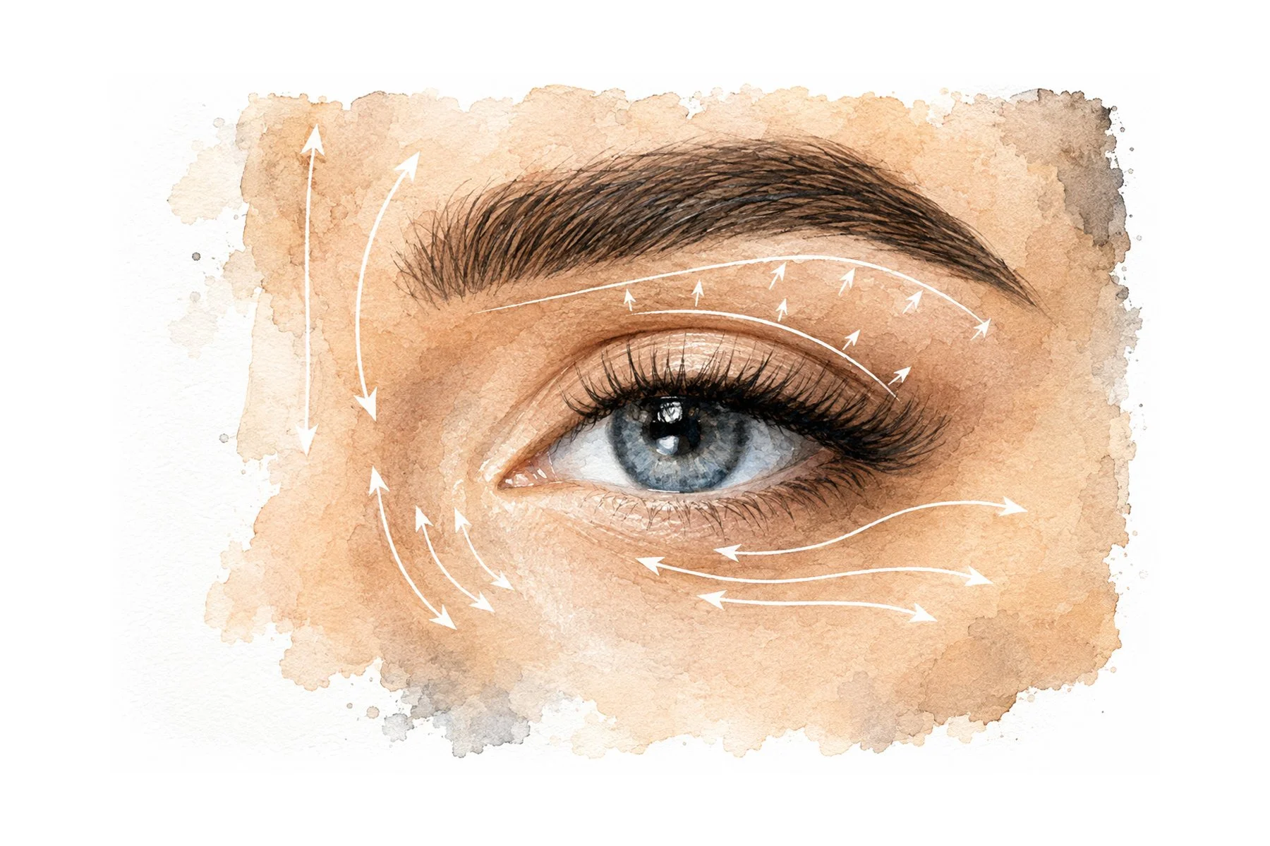 Illustration of common anti-wrinkle injection treatment areas around the eye and eyebrow