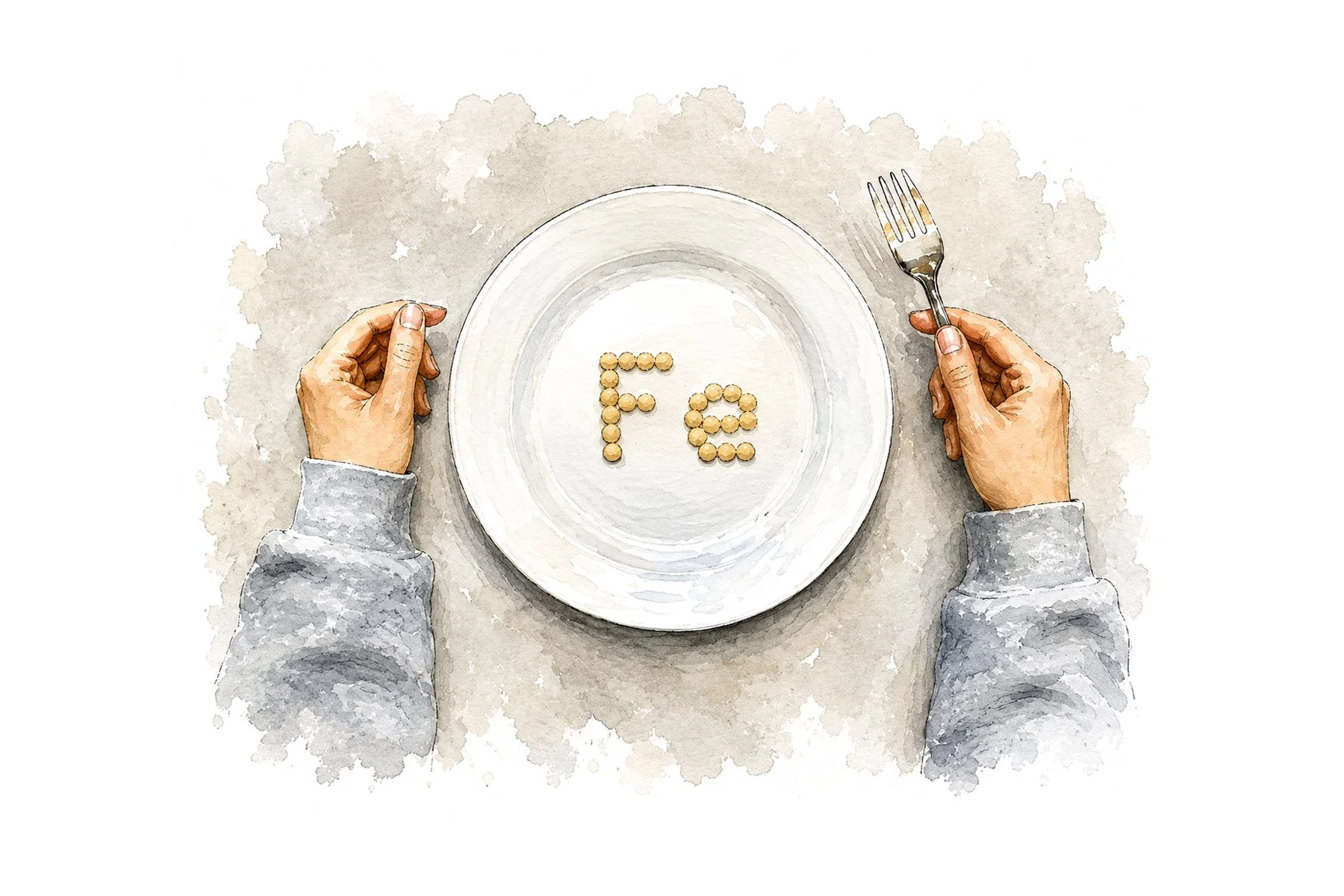 Illustration representing iron deficiency with an empty plate and the chemical symbol Fe