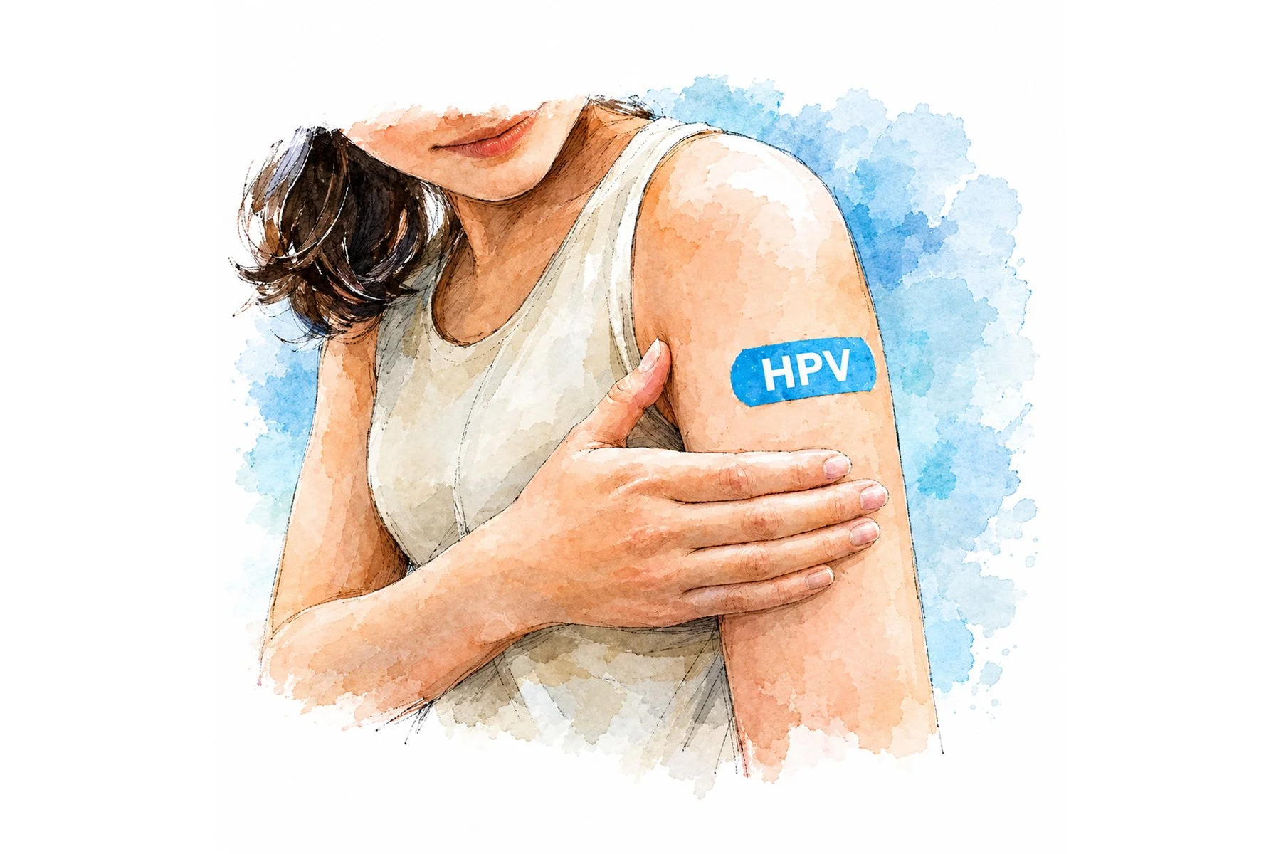 Illustration of a woman after HPV vaccination with a bandage on her upper arm