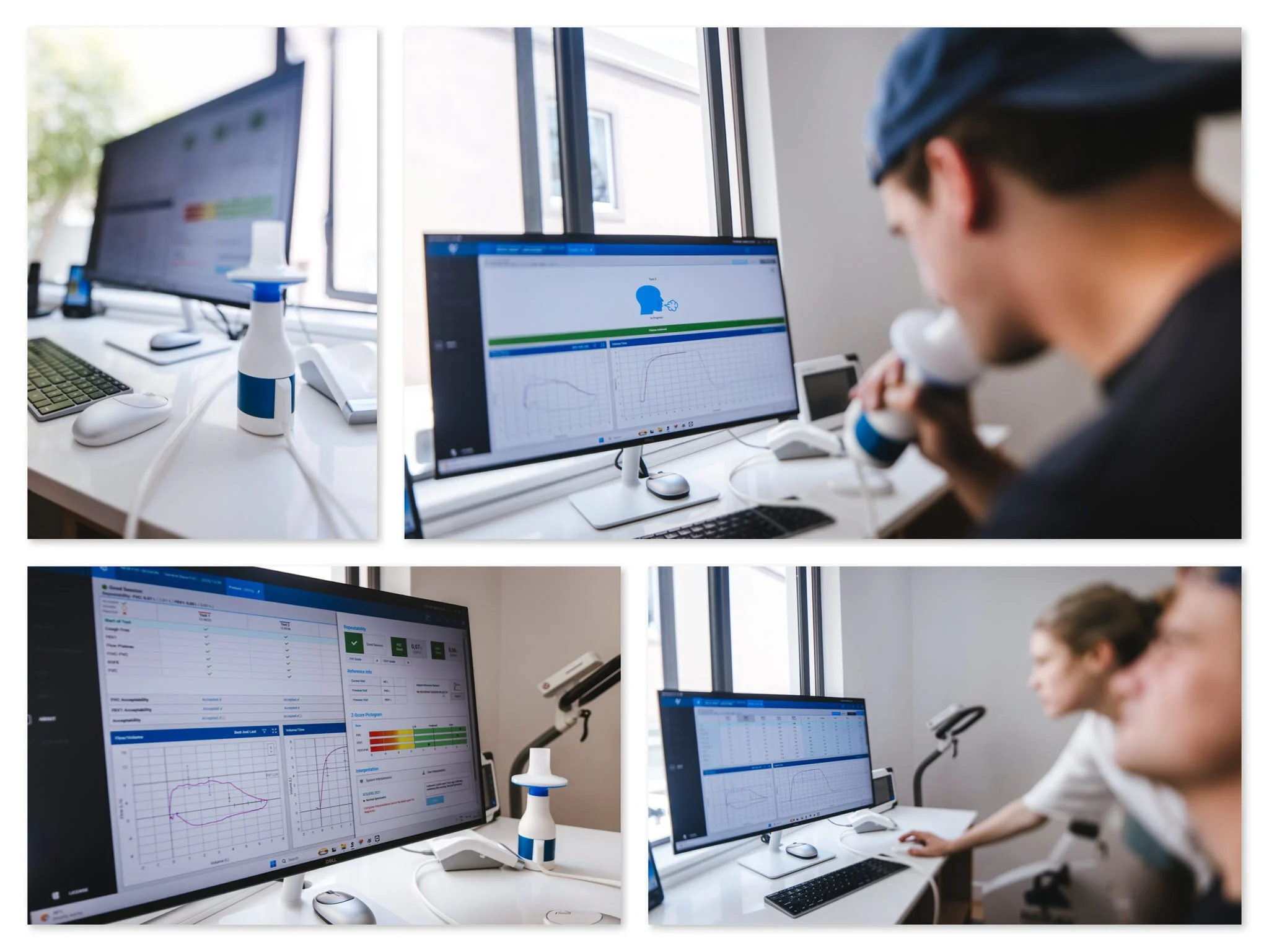 Lung function testing showing a patient performing spirometry while clinicians review breathing graphs and results on a computer screen.