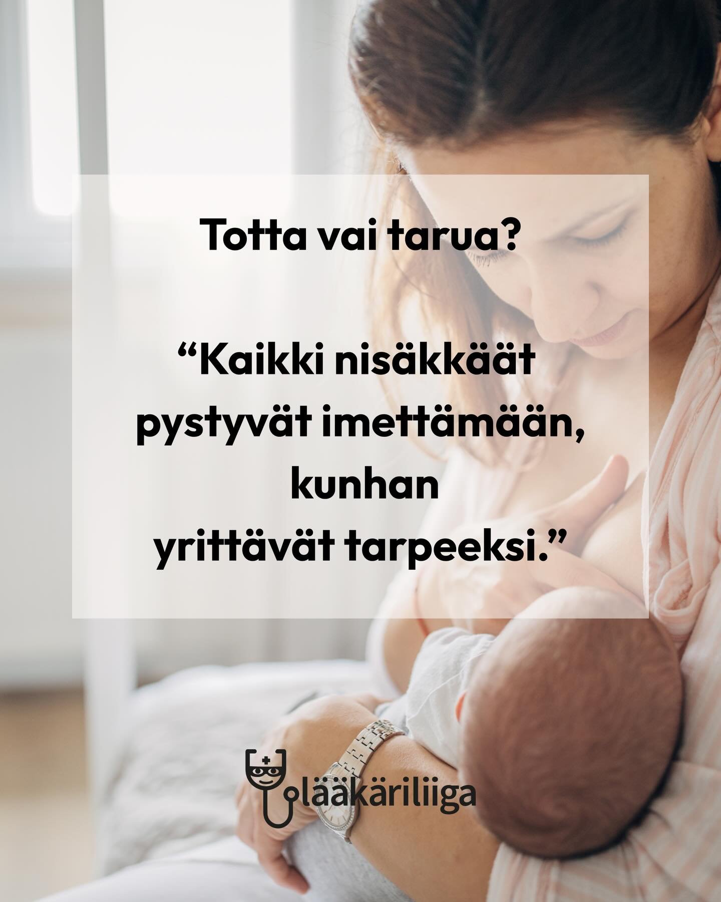 Imetykseen liittyy yh&auml; vahva ajatus:
kaikki pystyv&auml;t imett&auml;m&auml;&auml;n, jos vain yritt&auml;v&auml;t tarpeeksi.

Joskus t&auml;m&auml; ajatus voi k&auml;&auml;nty&auml; vanhempaa vastaan. Jos imetys ei suju tai t&auml;ysimetystavoit