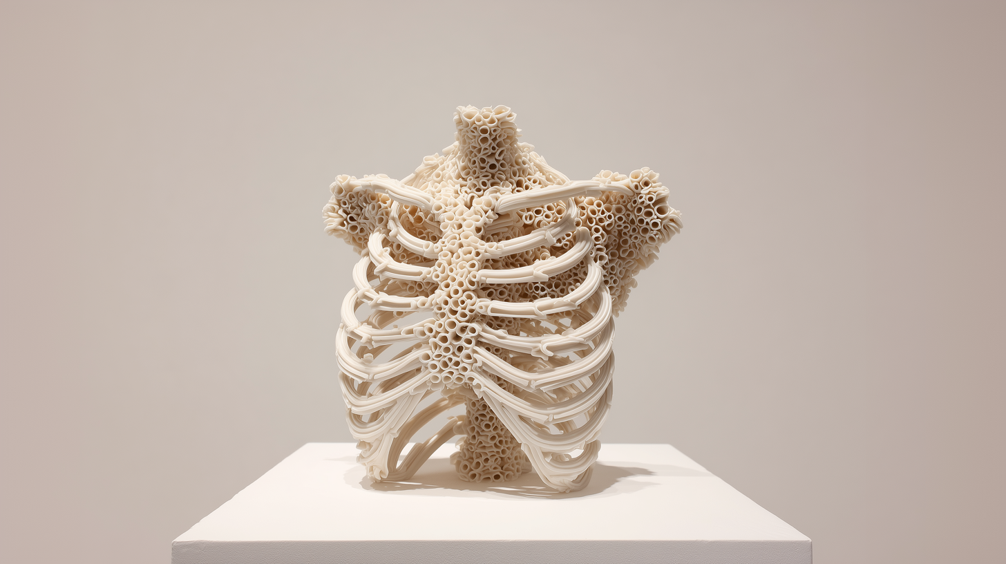 Ribcage Bastion. 2024. From the series Anatomy of Defense (2024–) — a fortified ribcage form that merges organic symmetry with military design logic.