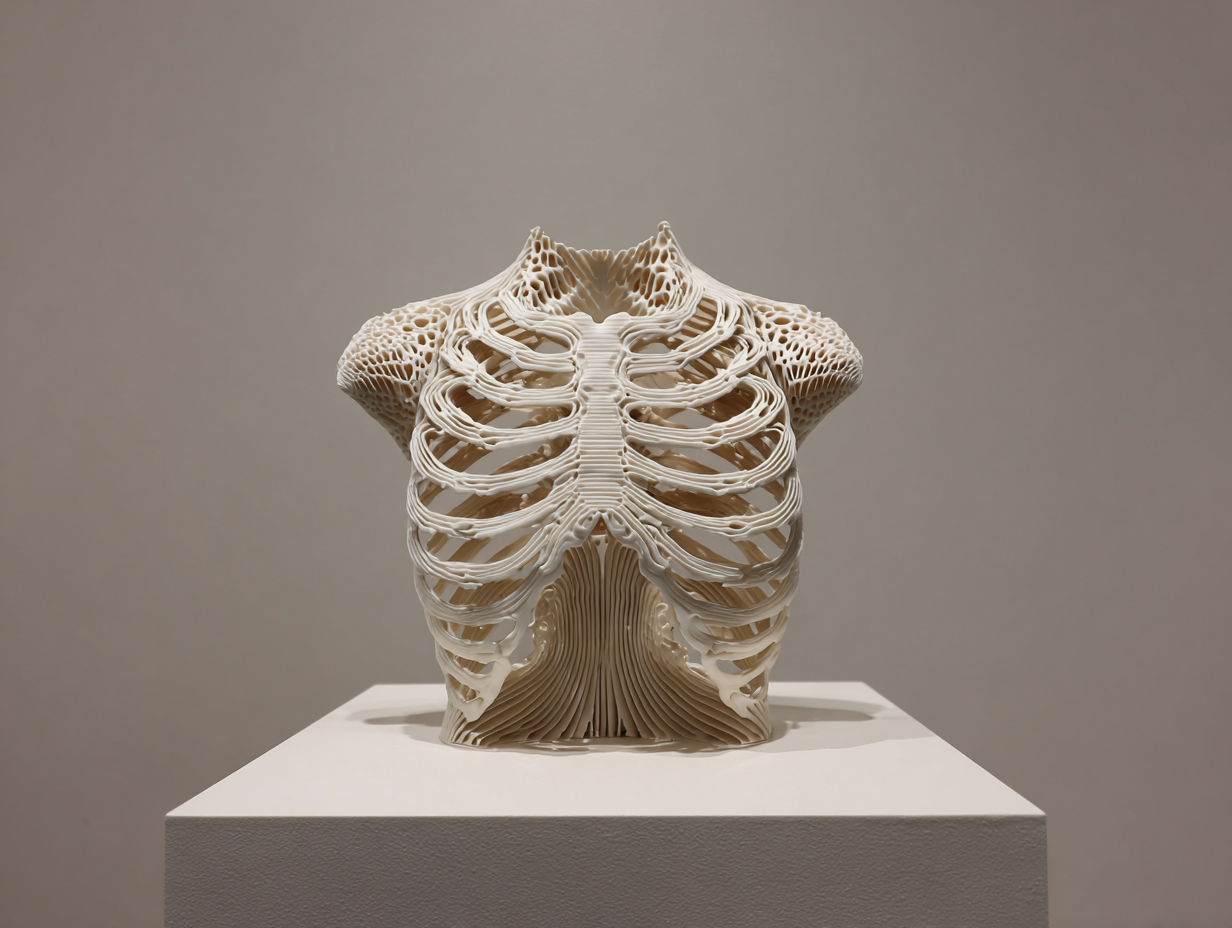 Ribcage Arsenal. 2024. From the series Anatomy of Defense (2024–) — a 3D-printed ribcage reconstructed as protective armor for vital organs.