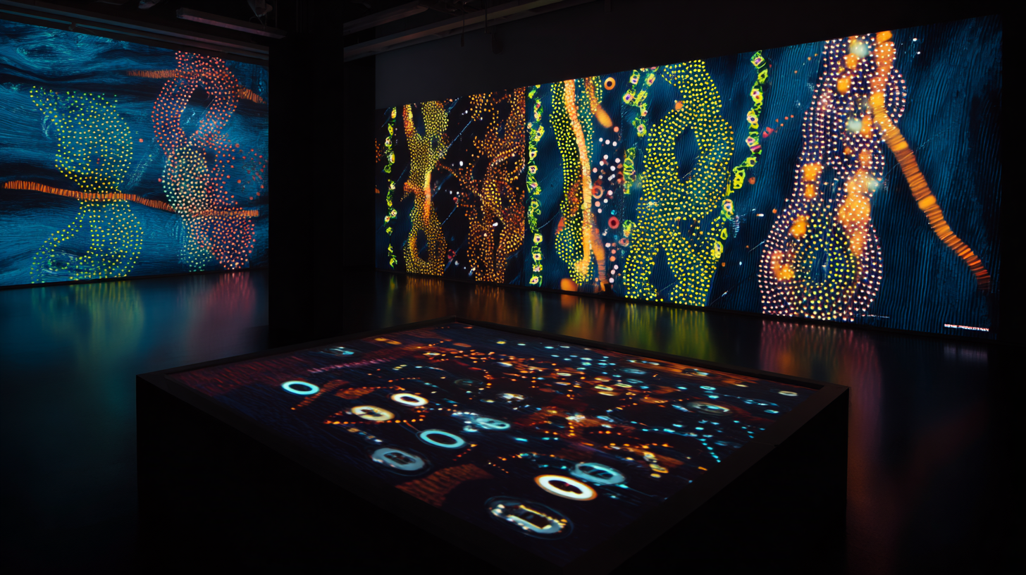Installation view: data-driven interactive paintings reinterpreting genetic sequences through Indigenous aesthetics.