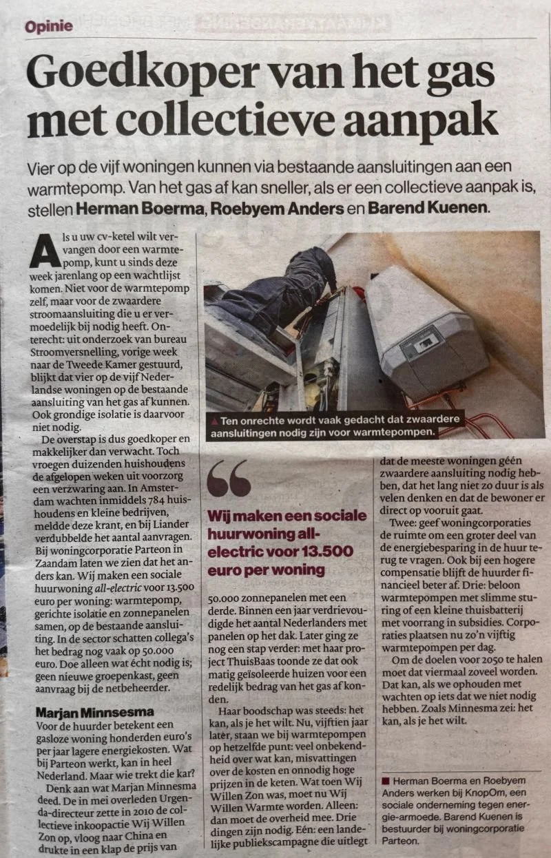 KnopOm samen met Parteon in het AD: ‘Goedkoper van het gas af kan met een collectieve aanpak’