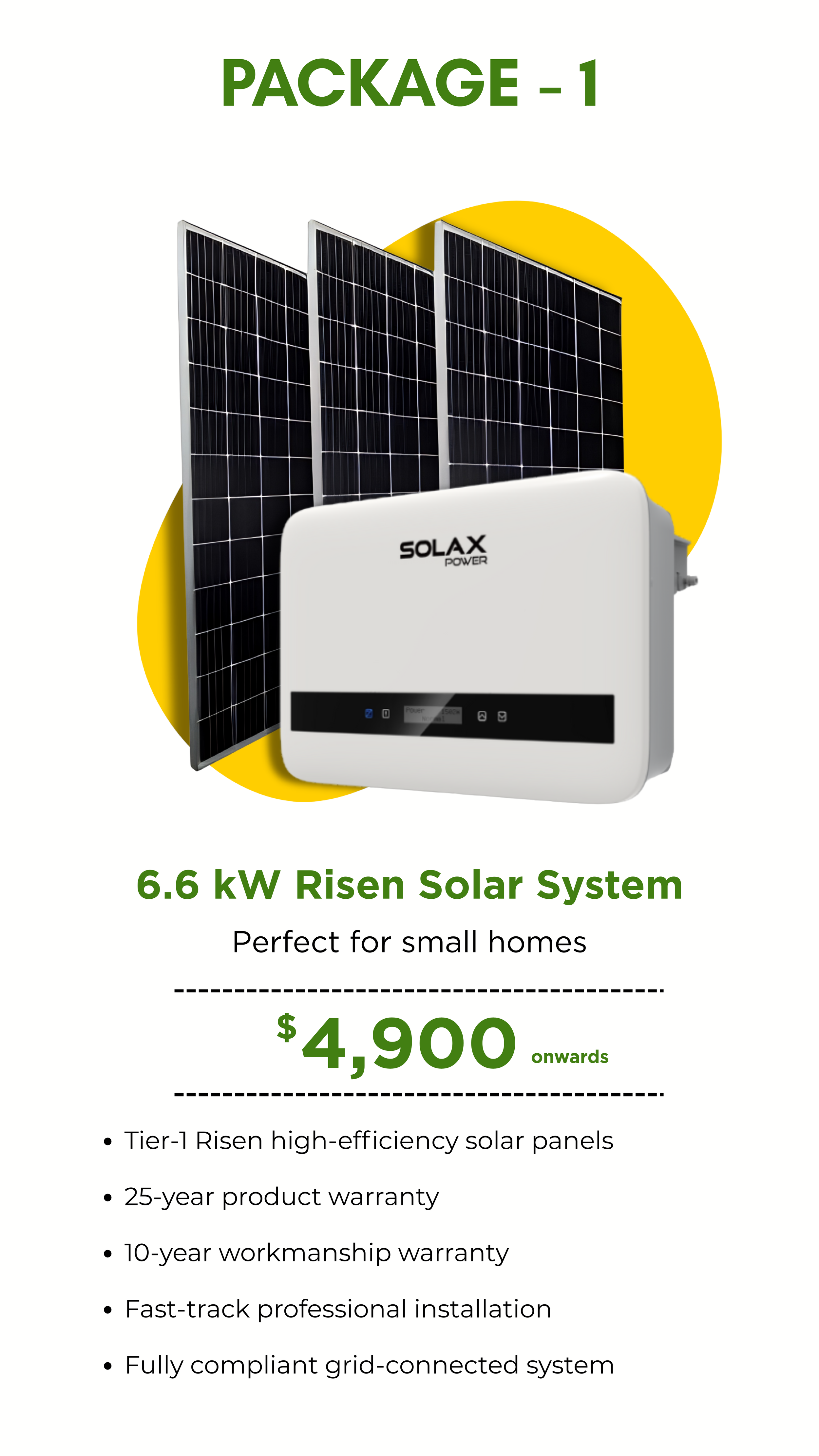 Advertisement for a 6.6 kW Risen solar system showing solar panels and a white solar power inverter, with details about price starting at $4,900 and features like high-efficiency panels, warranties, professional installation, and grid connectivity.