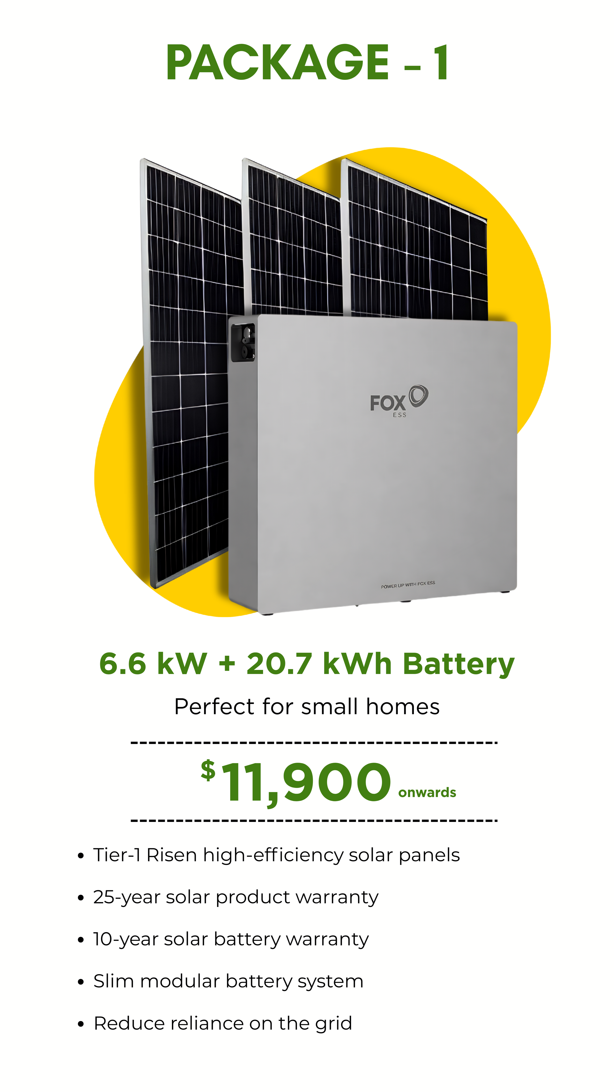 A solar power system with three solar panels and a battery, labeled 'Package 1,' with specifications including 6.6 kW and 20.7 kWh, priced starting at $11,900, suitable for small homes.