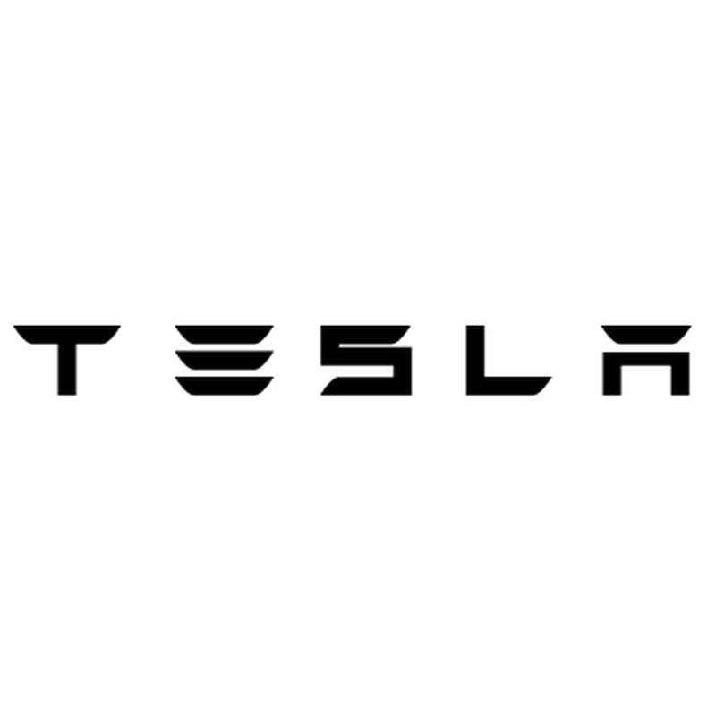 Tesla logo in black with stylized, geometric font on a white background